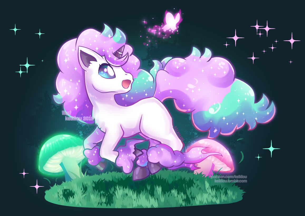 kelkilou, galarian ponyta, nintendo, pokemon, commentary, english commentary, artist name, bug, butterfly, dated, galarian form, gen 8 pokemon, grass, green background, green hair, horns, insect, multicolored hair, mushroom, no humans, open mouth, pink hair, pokemon (creature), single horn, solo, star (symbol), two-tone hair, unicorn