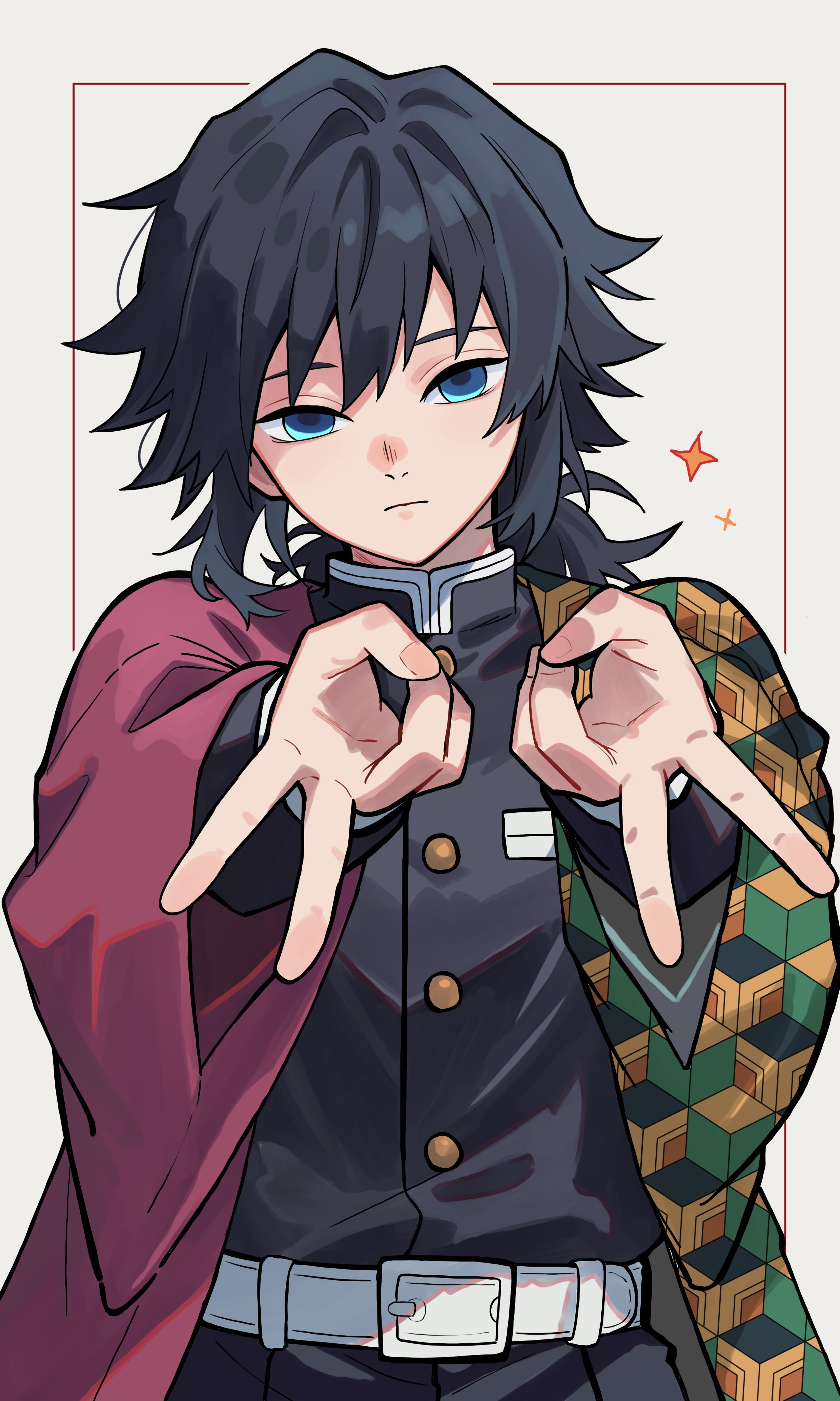tomioka giyuu, kimetsu no yaiba, absurdres, commentary request, highres, 1boy, belt, black hair, black jacket, black pants, blue eyes, buttons, closed mouth, demon slayer uniform, gold buttons, haori, high collar, jacket, japanese clothes, kikkoumon, kqi621, long hair, looking at viewer, low ponytail, male focus, pants, ponytail, print haori, red haori, solo, spiked hair, upper body, white background, white belt