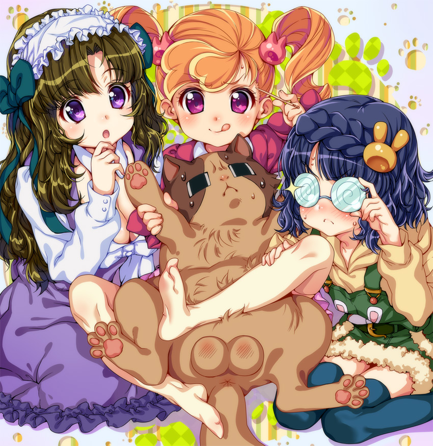 kink (tortoiseshell), busaneko, mikogami nagisa, mikogami riko, mikogami rimu, anyamal tantei kirumin zoo, 3girls, :o, :q, @ @, animal, anus, barefoot, blue hair, brown hair, cat, coke-bottle glasses, feet, glasses, multiple girls, orange hair, pink eyes, purple eyes, siblings, sisters, sitting, testicles, thighhighs, tongue, tongue out, toothpick, twins