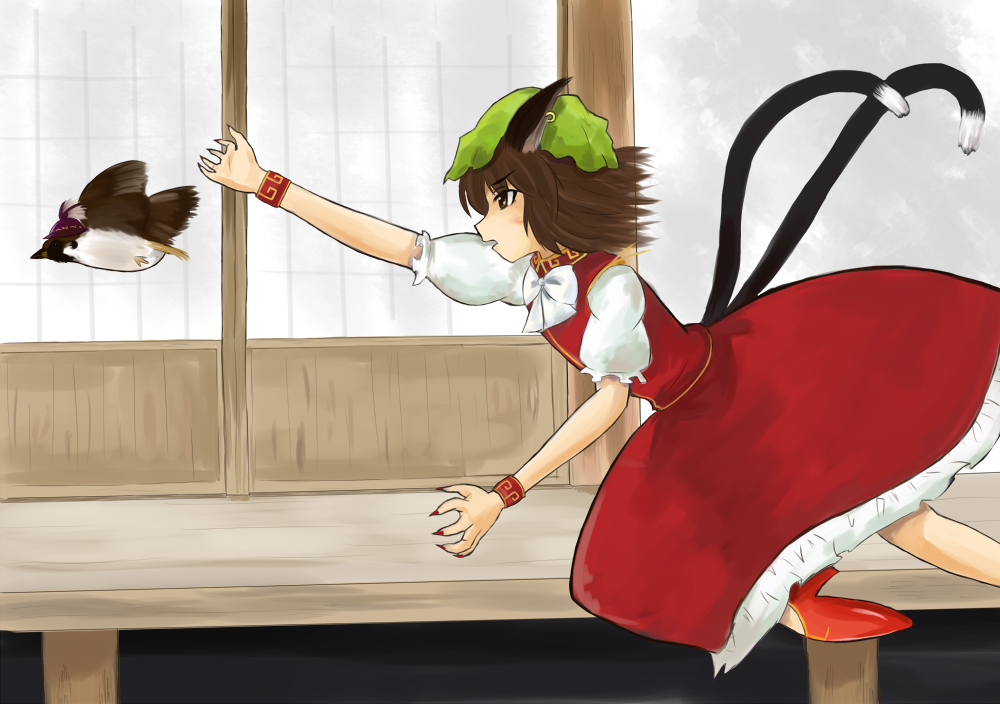 super masara, chen, mystia lorelei, mystia lorelei (bird), touhou, bad id, bad pixiv id, 1girl, bird, dress, female focus, hat, multiple tails, outdoors, short hair, solo, tail, two tails