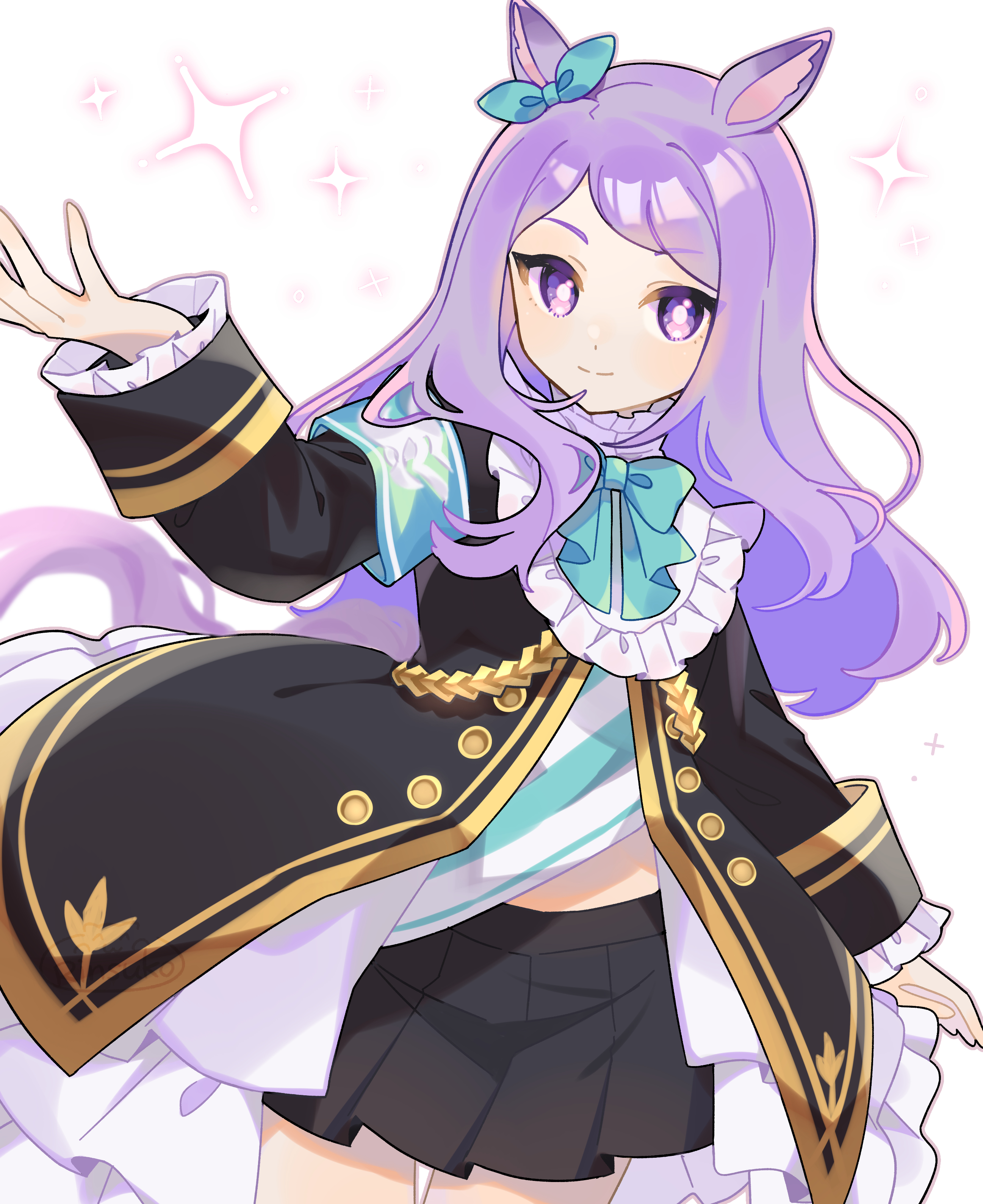 rinsuko, mejiro mcqueen (frontline elegance) (umamusume), mejiro mcqueen (umamusume), umamusume, absurdres, commentary request, highres, 1girl, animal ears, aqua bow, aqua ribbon, armband, black jacket, black skirt, blue armband, blush, bow, bowtie, closed mouth, coat, ear bow, ear ribbon, frilled coat, frilled jacket, frills, horse ears, horse girl, horse tail, jacket, long hair, long sleeves, looking at viewer, midriff peek, pleated skirt, purple eyes, purple hair, ribbon, shirt, simple background, skirt, smile, solo, sparkle, striped clothes, striped shirt, tail, white background