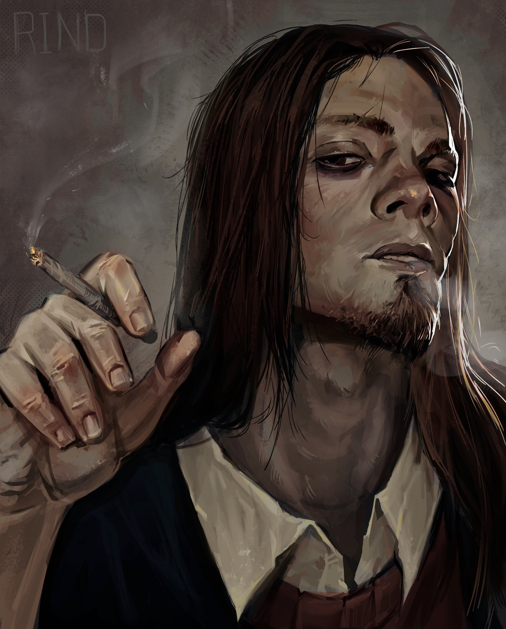 postal dude, postal (game), hashtag-only commentary, highres, 1boy, bags under eyes, black eyes, brown hair, cigarette, collared shirt, expressionless, facial hair, goatee stubble, half-closed eyes, hand up, holding, holding cigarette, long hair, looking at viewer, male focus, parted lips, portrait, red vest, shirt, smoke, smoke trail, softlight18, solo, stubble, vest, white shirt