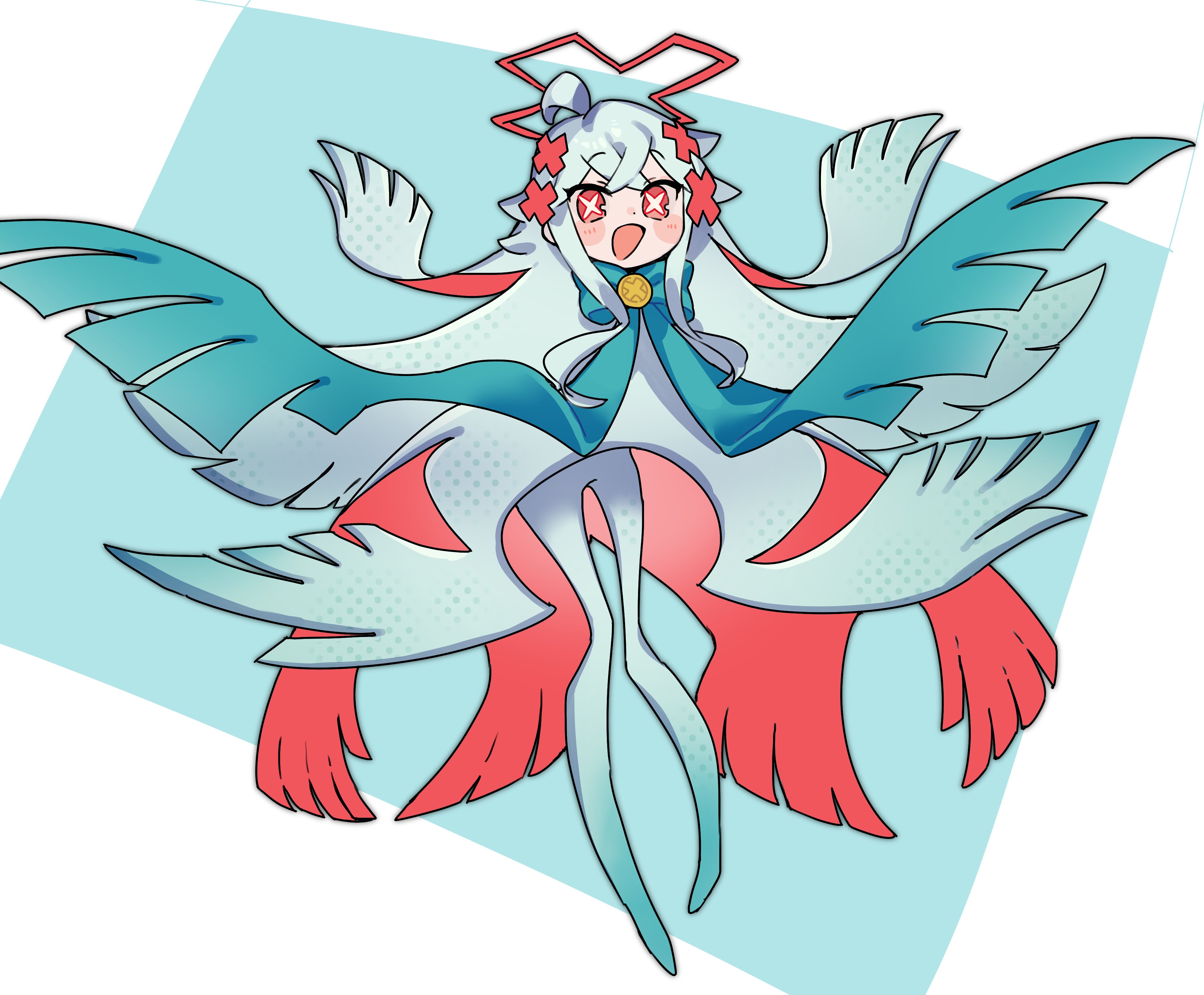 monsha moa, original, absurdres, commentary request, commission, highres, skeb commission, 1girl, blue background, blue bow, blue bowtie, blue hair, bow, bowtie, colored inner hair, cross, cross-shaped pupils, cross halo, full body, halo, long hair, looking at viewer, monster girl, multicolored hair, red eyes, red hair, solo, symbol-shaped pupils, very long hair, wings