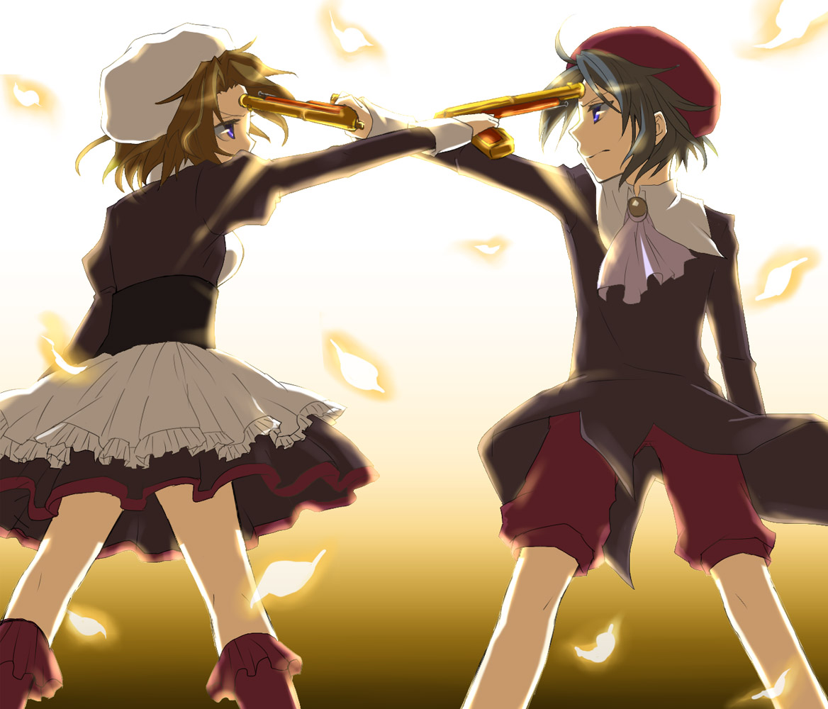 kudou chika, kanon (umineko), shannon (umineko), umineko no naku koro ni, 00s, beret, black hair, brown hair, frills, gun, hat, leaf, maid, mexican standoff, skirt, weapon