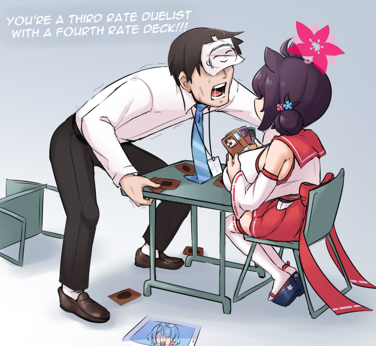 pldf, arona (blue archive), kaede (blue archive), sensei (blue archive), sensei (blue archive the animation), blue archive, yu-gi-oh!, 1boy, 2girls, ahoge, animal ears, bare shoulders, black pants, blue necktie, breasts, brown hair, card, chair, collared shirt, detached sleeves, english text, flower, gradient background, hair bun, hair flower, hair ornament, hakama, hakama skirt, halo, height difference, huge breasts, japanese clothes, kimono, lanyard, meme, motion lines, multiple girls, necktie, okobo, open mouth, oppai loli, pants, pink halo, platform sandals, playing card, red hakama, red skirt, red trim, sandals, shirt, shoes, short hair, shouting, side bun, sideboob, skirt, sleeveless, sleeveless kimono, table, tablet pc, teeth, thighhighs, thighs, white kimono, white shirt, white sleeves, white thighhighs