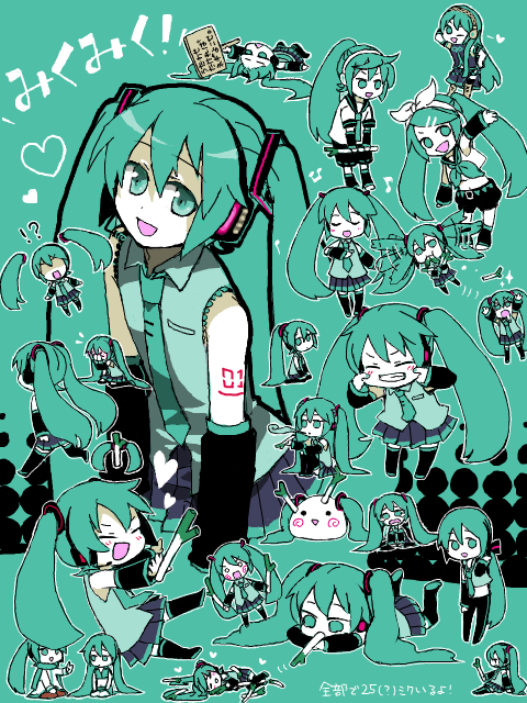 sawarabi, sawarabi shun, akita neru, hachune miku, hatsune miku, kagamine len, kagamine rin, kaito (vocaloid), megurine luka, meiko (vocaloid), yowane haku, vocaloid, bad id, bad pixiv id, translation request, !?, 6+girls, akita neru (cosplay), alternate hairstyle, chibi, cosplay, fingersmile, heart, helicopter hair, kagamine len (cosplay), kagamine rin (cosplay), kaito (cosplay), megurine luka (cosplay), meiko (cosplay), multiple girls, musical note, necktie, one eye closed, skirt, smile, spring onion, thighhighs, twintails, wink, yowane haku (cosplay), yukkuri shiteitte ne