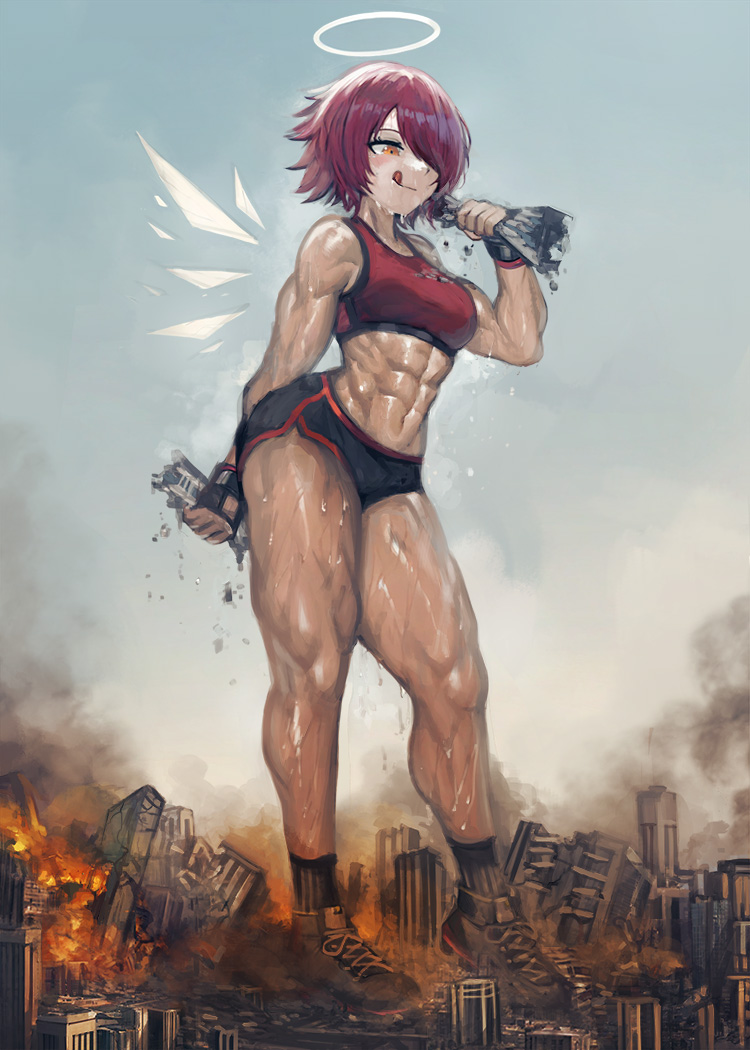 yilx, exusiai (arknights), arknights, commentary request, 1girl, :p, abs, ass, bare shoulders, breasts, city, fire, giant, giantess, hair over one eye, halo, holding, huge ass, medium breasts, midriff, muscular, muscular female, red hair, short hair, shorts, sky, sweat, tongue, tongue out, yellow eyes