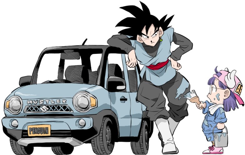 nakazaki tou, goku black, norimaki arale, dr. slump, dragon ball, dragon ball super, suzuki (company), commentary request, 1boy, 1girl, black hair, black shirt, car, closed mouth, creator connection, crossover, dougi, earrings, full body, jewelry, kei car, license plate, long hair, motor vehicle, potara earrings, shirt, simple background, single earring, spiked hair, sports utility vehicle, suzuki hustler, white background