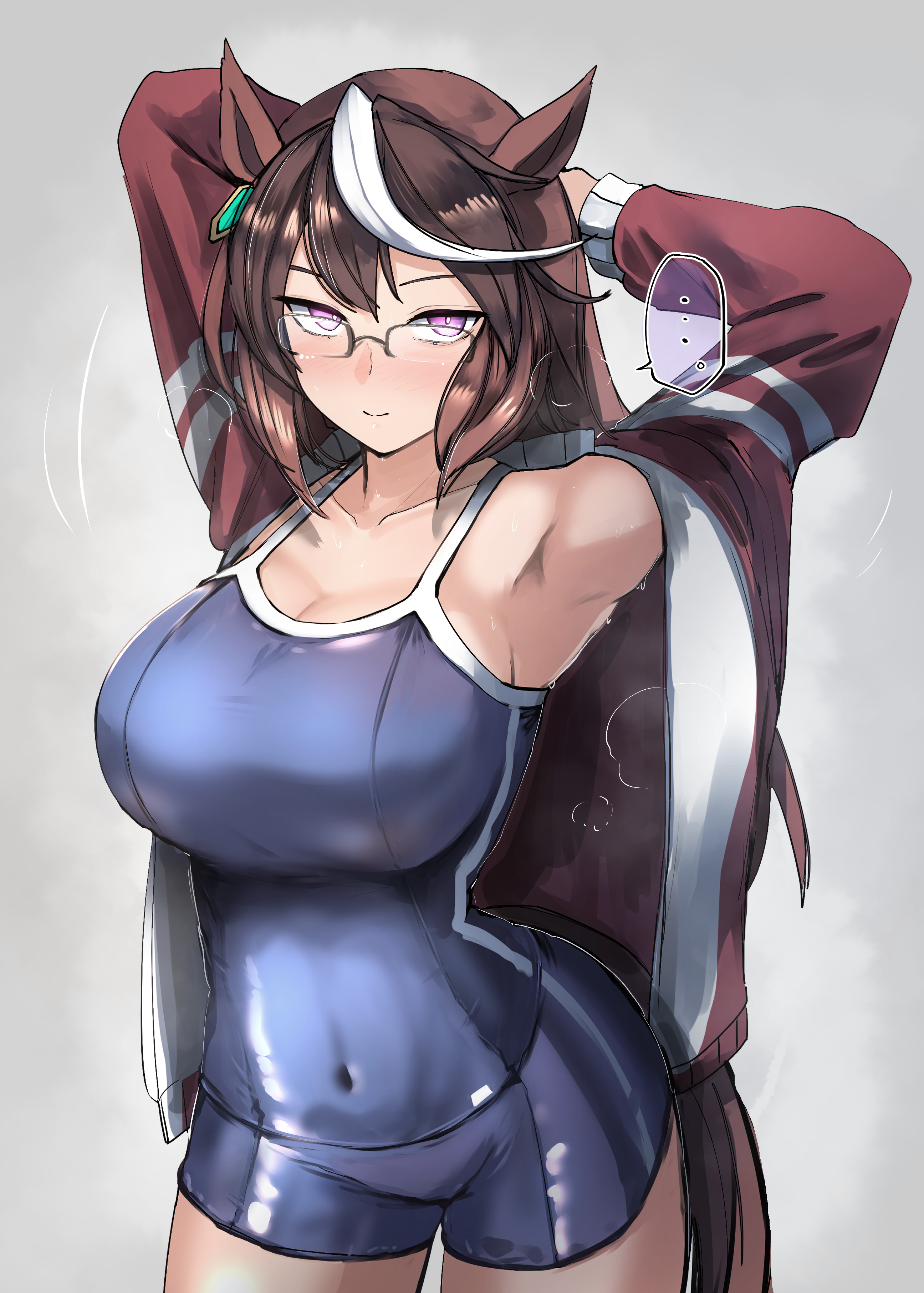 kanikama25, symboli rudolf (umamusume), umamusume, absurdres, commentary request, highres, …, 1girl, animal ears, arms behind head, blue one-piece swimsuit, blush, breasts, brown hair, cleavage, closed mouth, collarbone, competition school swimsuit, covered navel, earrings, glasses, hair between eyes, horse ears, horse girl, horse tail, jacket, jewelry, large breasts, long hair, long sleeves, looking at viewer, multicolored hair, one-piece swimsuit, purple eyes, red jacket, school swimsuit, single earring, single vertical stripe, smile, speech bubble, spoken ellipsis, streaked hair, stretching, swimsuit, tail, tracen swimsuit, tracen training uniform, track jacket, white hair