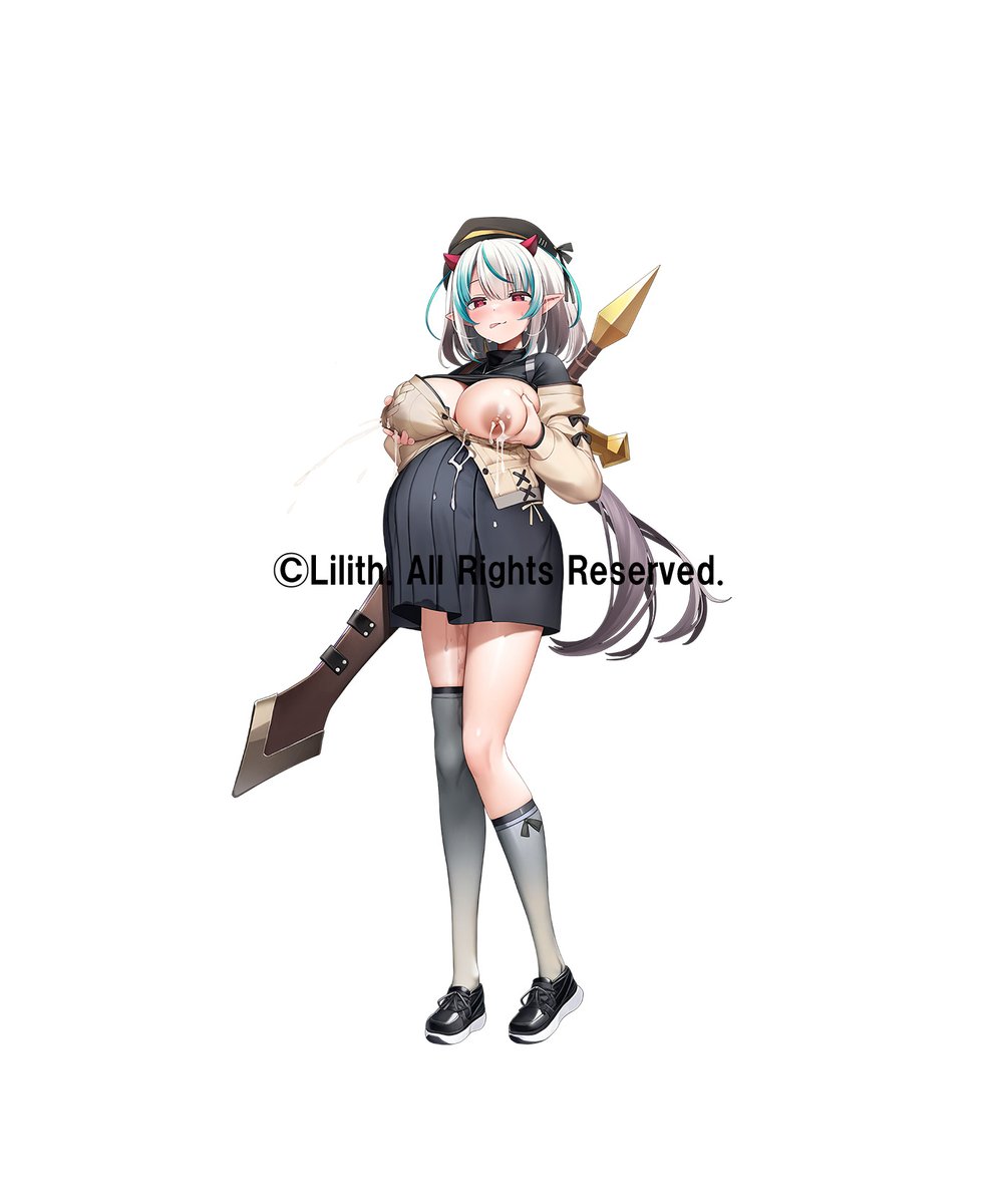 fuu fuu, taimanin (series), taimanin rpgx, commentary request, highres, official art, second-party source, 1girl, beret, black dress, black shoes, breasts, breasts out, copyright notice, dress, grabbing own breast, hat, horns, jewelry, lactation, laura (taimanin), long hair, looking at viewer, necklace, open mouth, pleated dress, pointy ears, pregnant, pussy juice, red eyes, shoes, simple background, socks, solo, standing, sweater, sword, sword on back, weapon, weapon on back, white background, white hair