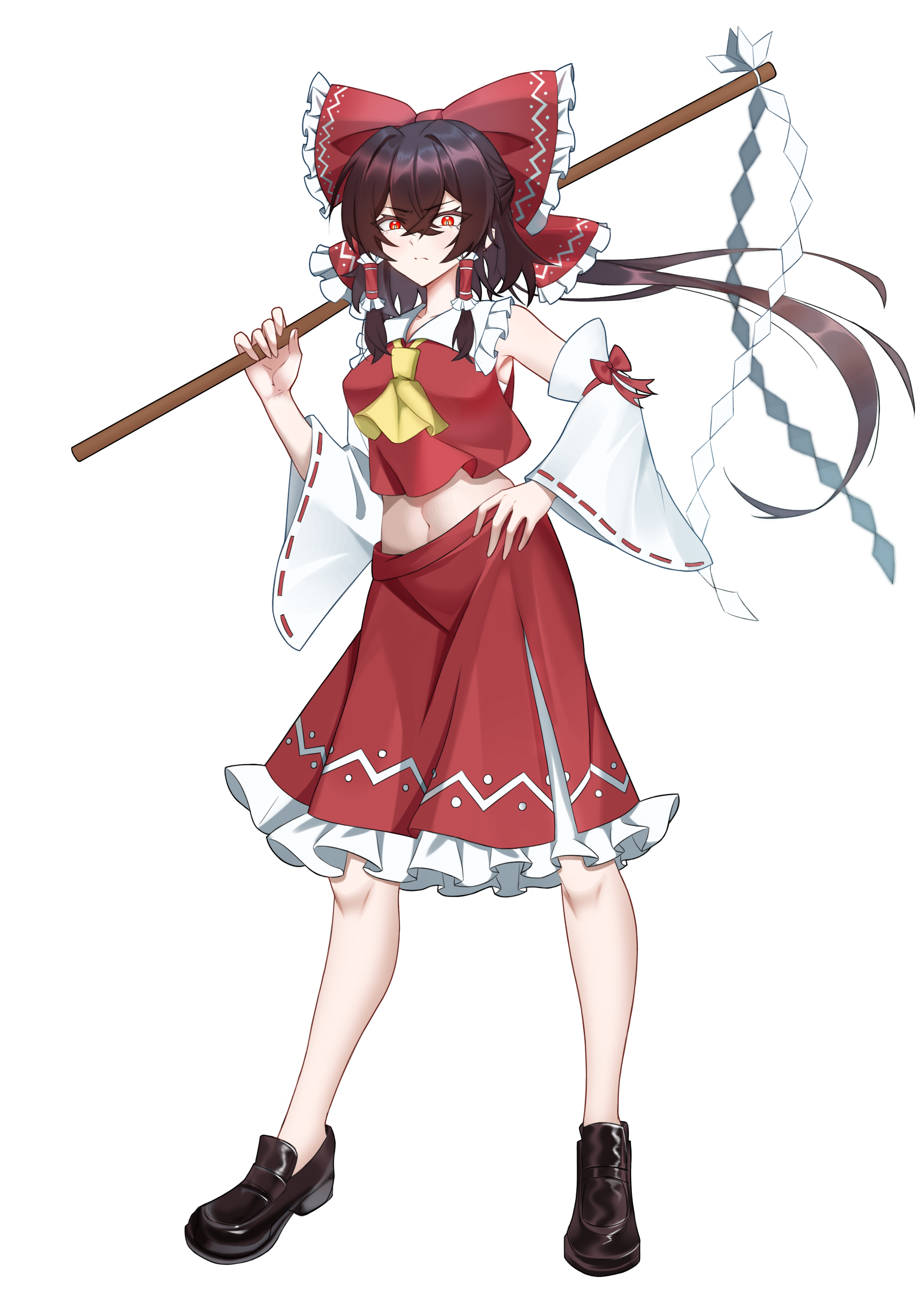 hakurei reimu, touhou, absurdres, commentary request, highres, 1girl, ascot, black hair, bow, bright pupils, brown shoes, chest sarashi, contrapposto, crossed bangs, detached sleeves, devilmaysong, frilled bow, frilled hair tubes, frilled sailor collar, frilled skirt, frills, full body, gohei, hair between eyes, hair bow, hair tubes, half updo, hand on own hip, holding, holding gohei, legs apart, loafers, long hair, long sleeves, midriff, navel, nontraditional miko, red bow, red eyes, red shirt, red skirt, ribbon-trimmed sleeves, ribbon trim, sailor collar, sarashi, shirt, shoes, skirt, sleeve bow, sleeveless, sleeveless shirt, solo, standing, white pupils, white sailor collar, wide sleeves, yellow ascot