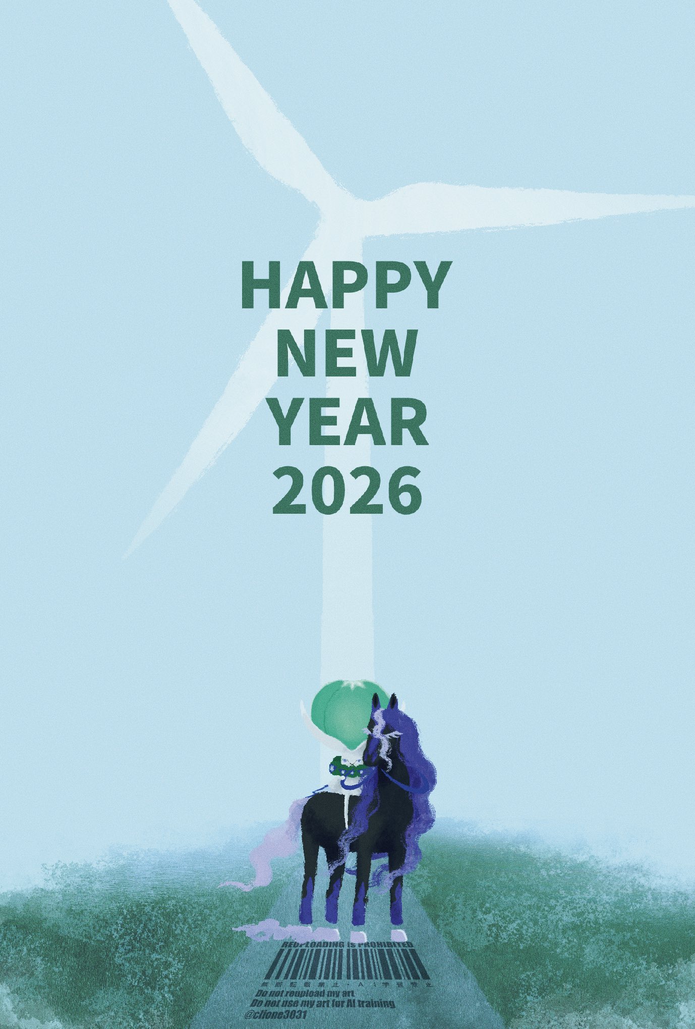 clione3031, calyrex, calyrex (rider), spectrier, nintendo, pokemon, commentary request, highres, 2026, gen 8 pokemon, happy new year, horse, horseback riding, legendary pokemon, new year, no humans, pokemon (creature), pokemon focus, reins, riding, riding pokemon, wind turbine, windmill
