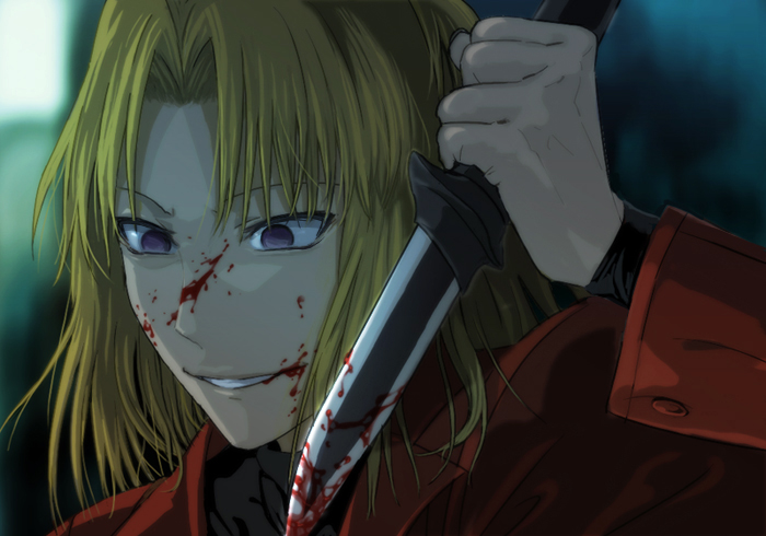 shirazumi lio, kara no kyoukai, blonde hair, blood, jacket, knife, red jacket