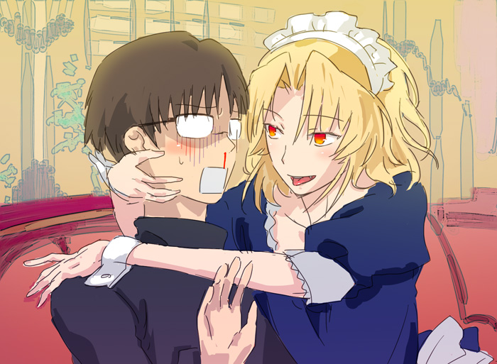 kokutou mikiya, shirazumi lio, kara no kyoukai, 2boys, blonde hair, blood, blush, brown hair, crossdressing, crossdressing (mtf), cuffs, hug, maid, maid headdress, male focus, male maid, multiple boys, nosebleed, surprised, trap, yaoi, yellow eyes