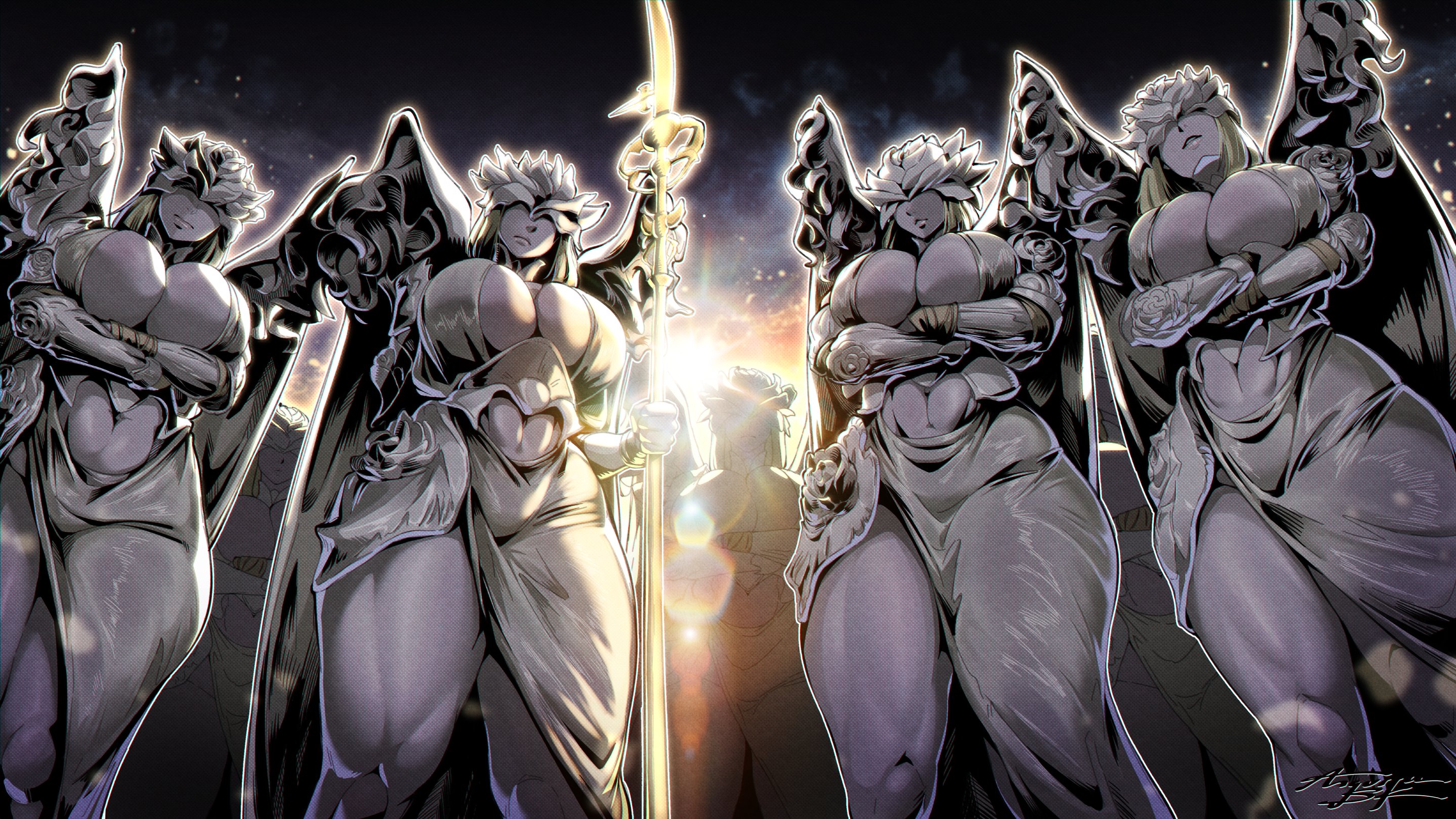 anguriask, weapon bequeathed harmonia (elden ring), elden ring, elden ring nightreign, highres, armor, breasts, clothing cutout, covered eyes, cropped legs, crowd, helmet, helmet over eyes, holding, holding polearm, holding weapon, huge breasts, looking at viewer, multiple girls, polearm, standing, weapon