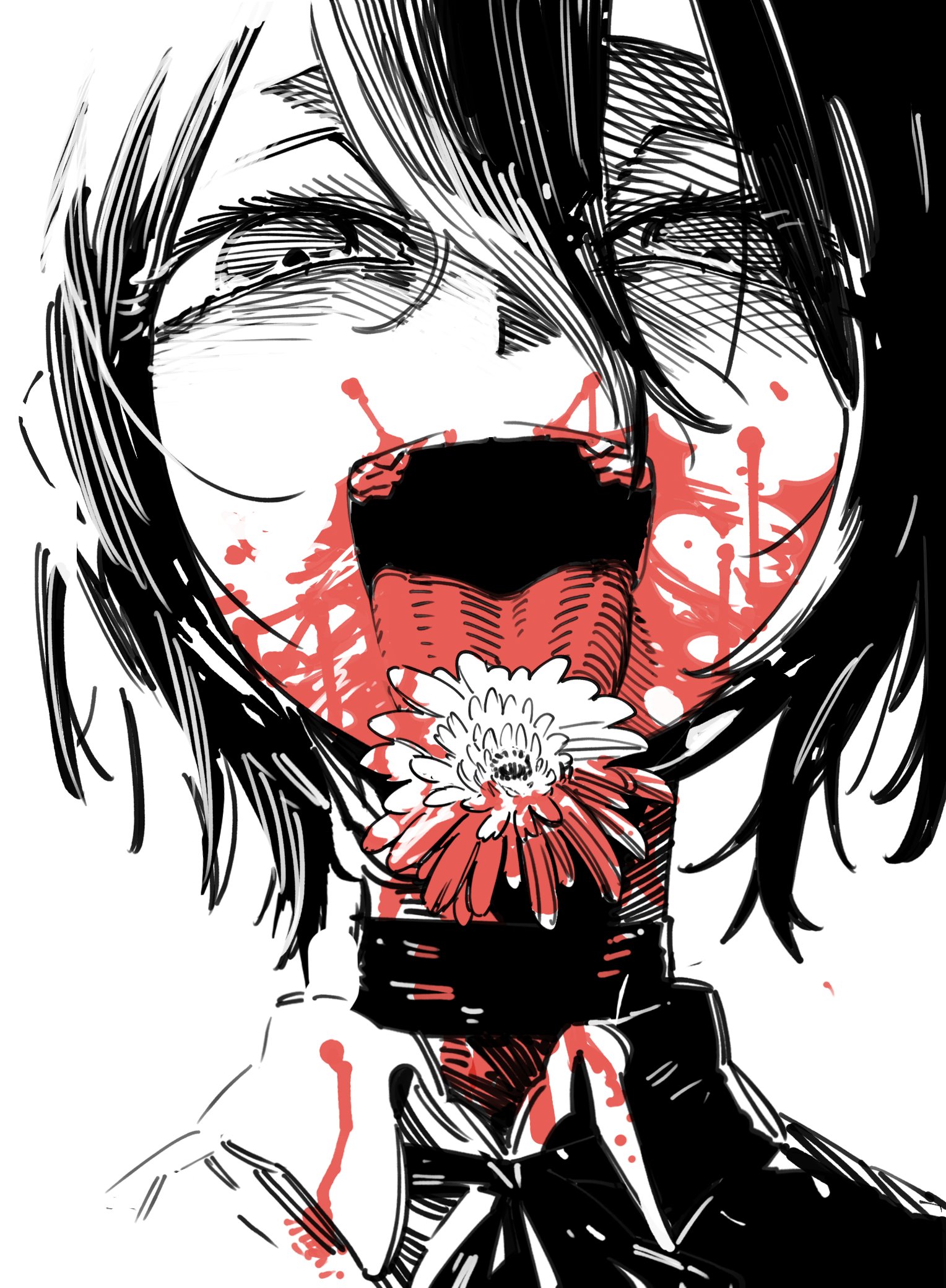 ssambatea, reze (chainsaw man), chainsaw man, highres, 1girl, blood, blood in mouth, blood on clothes, blood on face, choker, flower, flower in mouth, hair between eyes, looking at viewer, portrait, solo, spot color, tongue, tongue out