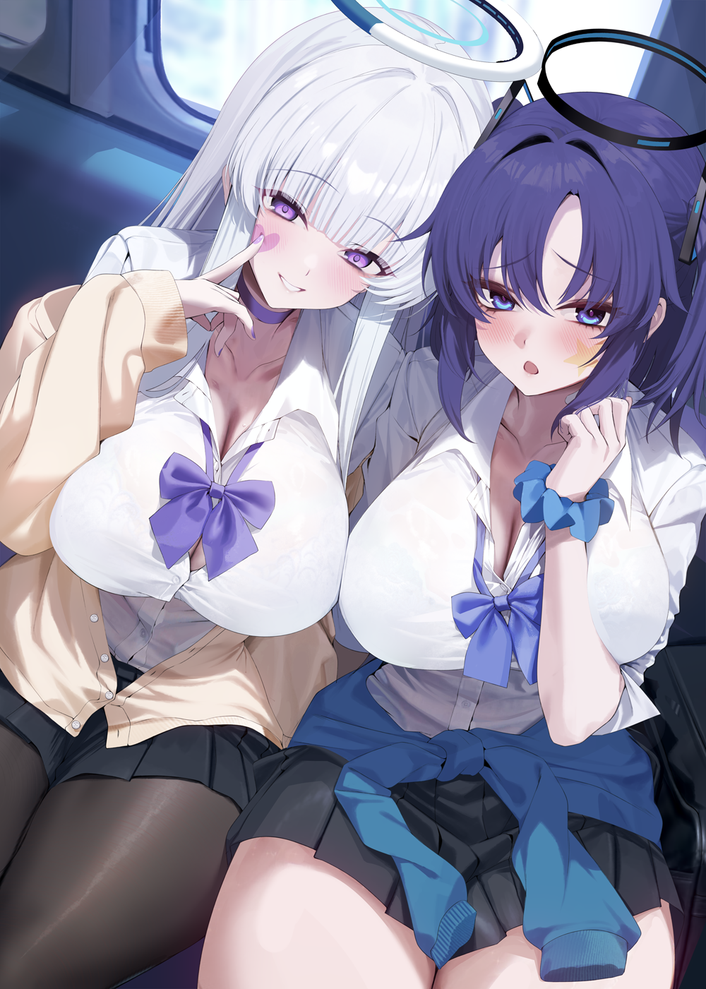 xiujia yihuizi, noa (blue archive), yuuka (blue archive), blue archive, commentary request, highres, 2girls, black skirt, blush, breasts, brown pantyhose, choker, cleavage, collared shirt, dress shirt, grin, hair ornament, halo, large breasts, long hair, long sleeves, looking at viewer, multiple girls, necktie, open mouth, pantyhose, purple eyes, purple hair, shirt, sidelocks, sitting, skirt, smile, thighs, two side up, very long hair, white hair, white shirt