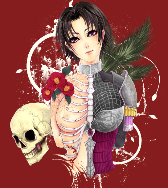 moidixmois, tachibana ginchiyo (sengoku musou), sengoku musou, sengoku musou 2, 1girl, armor, arms behind back, black hair, bone, breasts, female focus, flower, nipples, purple eyes, short hair, skeleton, skull, solo