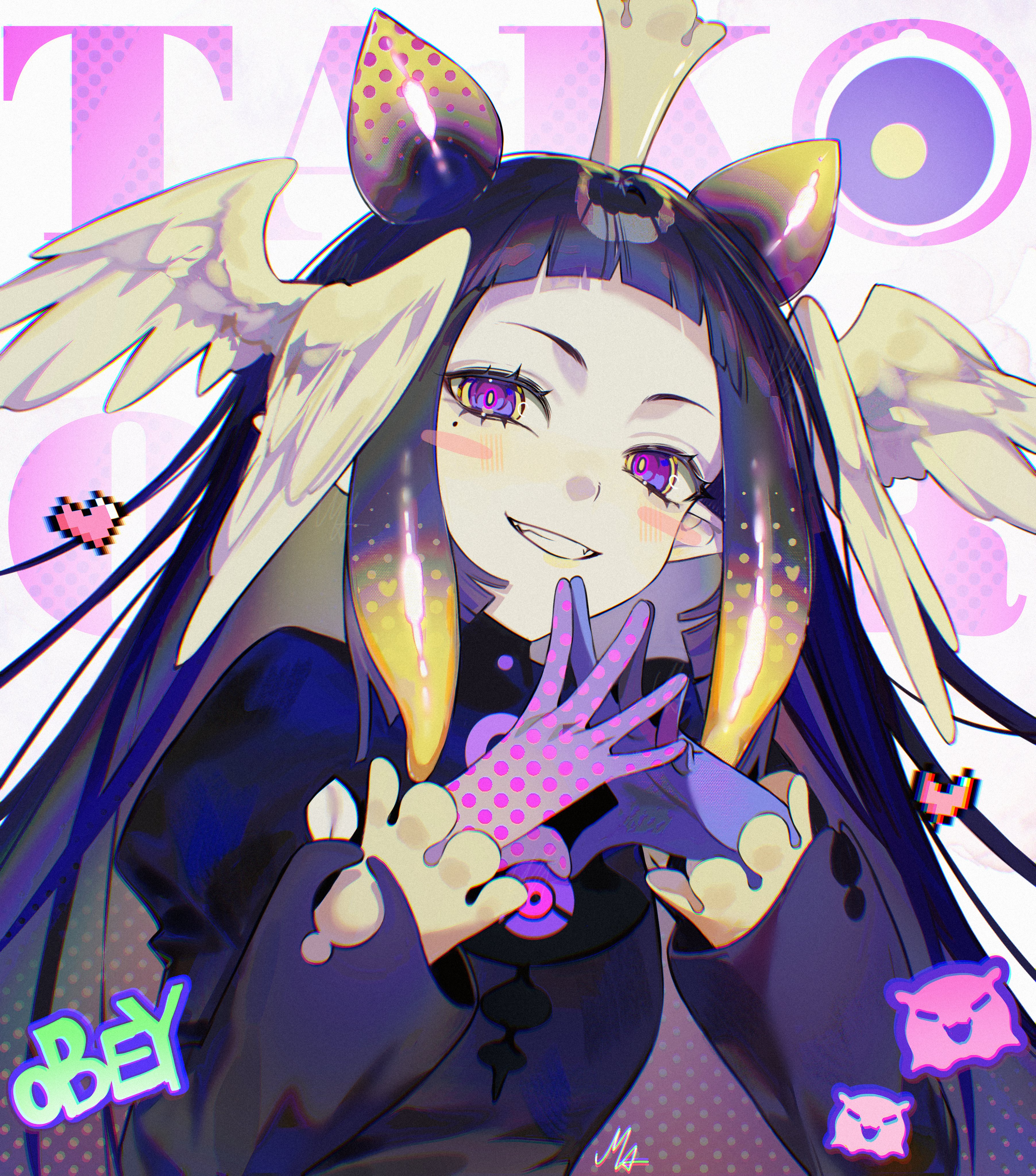 ani 019, ninomae ina'nis, takodachi (ninomae ina'nis), hololive, hololive english, absurdres, commentary, english commentary, highres, 1girl, black dress, black hair, crown, dress, gradient hair, head wings, long hair, looking at viewer, multicolored hair, open mouth, purple eyes, purple hair, sidelocks, smile, tako takover (ninomae ina'nis), tentacle hair, very long hair, virtual youtuber, wings