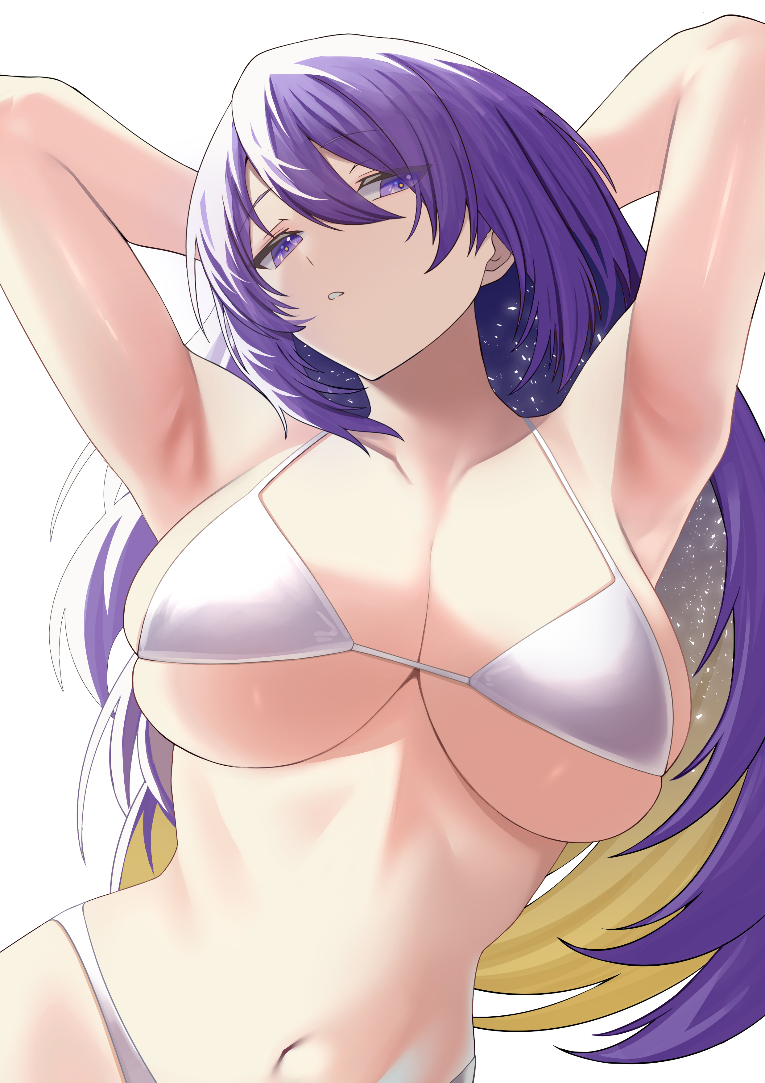 si farid, moona hoshinova, hololive, hololive indonesia, absurdres, highres, 1girl, armpits, arms up, bikini, blonde hair, breasts, cleavage, collarbone, large breasts, long hair, looking at viewer, multicolored hair, navel, parted lips, purple eyes, purple hair, simple background, solo, stomach, swimsuit, two-tone hair, upper body, very long hair, virtual youtuber, white background, white bikini