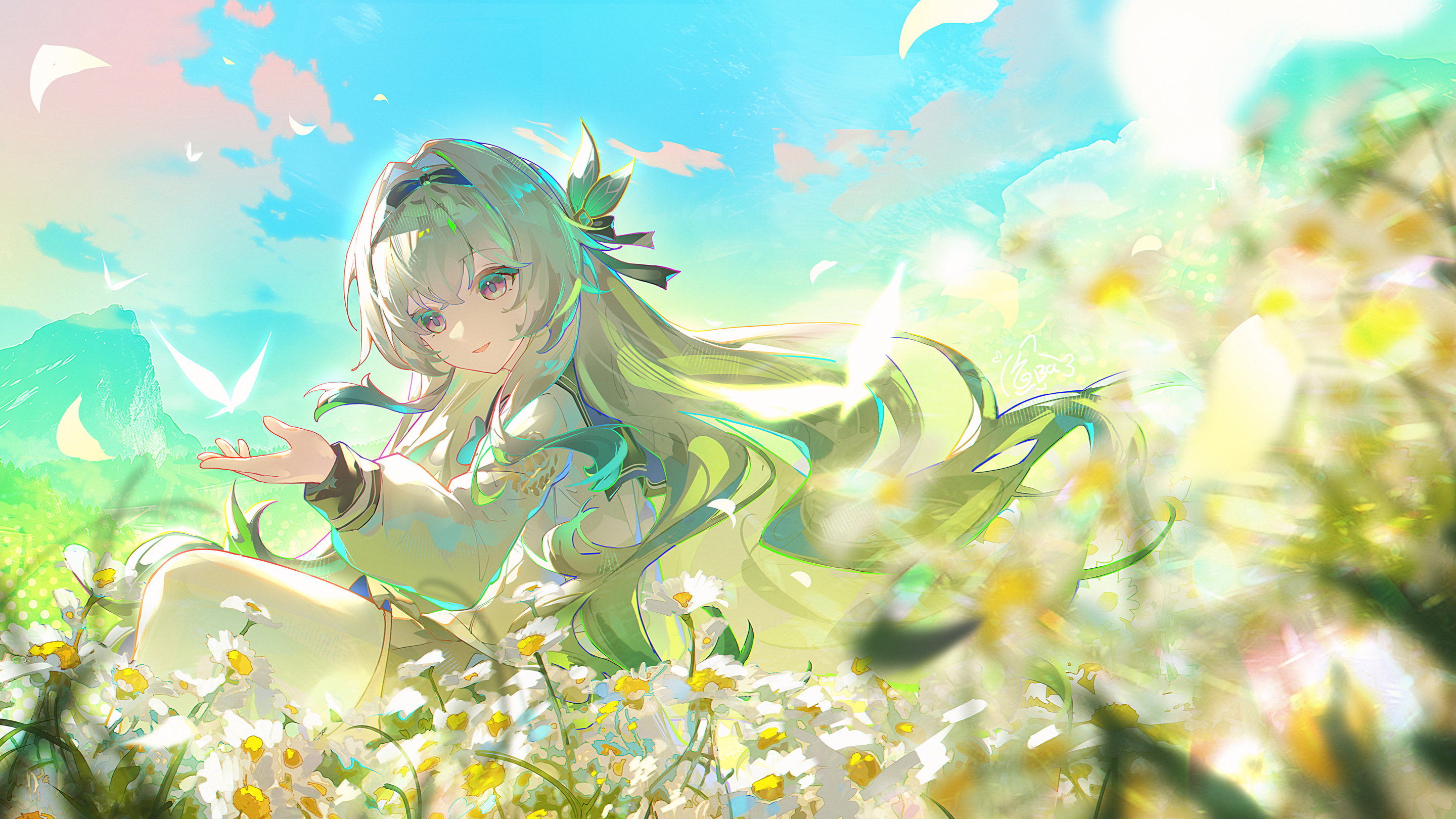 yu e baba, firefly (honkai: star rail), firefly (spring missive) (honkai: star rail), honkai: star rail, honkai (series), commentary request, highres, 1girl, black hairband, blue sky, blurry, blurry foreground, bug, butterfly, cloud, cowboy shot, flower, grey hair, grey skirt, hairband, hand up, insect, long hair, long sleeves, looking down, outdoors, purple eyes, shirt, sidelocks, sitting, skirt, sky, smile, solo, thighhighs, white flower, white shirt, white thighhighs