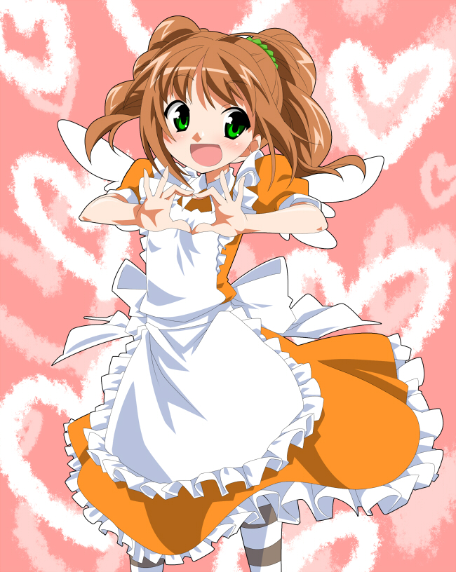 takeya yuuki, takatsuki yayoi, idolmaster, idolmaster (classic), maid fairy tale, 00s, apron, blush, dress, four-finger heart hands, green eyes, heart, heart hands, long hair, maid, maid apron, moe moe kyun!, socks, solo, striped clothes, striped socks, twintails, wings