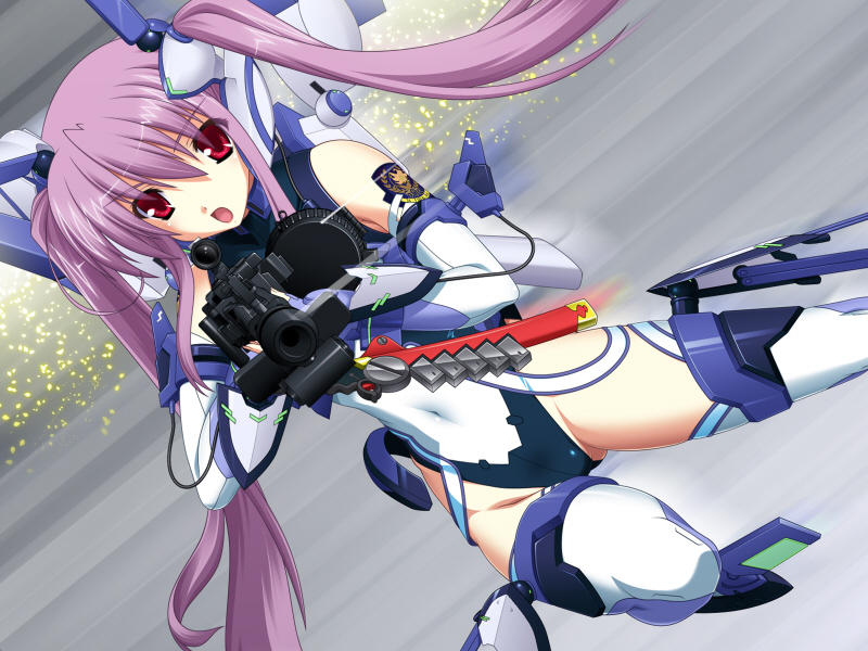 saitou natsuki, rose lilienthal, madou souhei kleinhasa, triangle (company), 1girl, female focus, gun, leotard, machine gun, open mouth, purple hair, red eyes, scope, solo, twintails, weapon