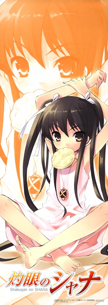 alastor (shakugan no shana), shana, shakugan no shana, official art, scan, 00s, 1girl, armpits, barefoot, bread, copyright name, dress, feet, food, hair between eyes, holding own arm, jewelry, long hair, melon bread, necklace, orange background, pendant, sitting, spread legs, toes, twintails, very long hair