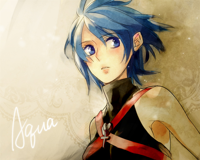 miyazaki (pixiv 378137), miyazaki (zahiya), aqua (kingdom hearts), kingdom hearts, kingdom hearts birth by sleep, bad id, bad pixiv id, 1girl, bare shoulders, blue eyes, blue hair, female focus, matching hair/eyes, short hair, solo, turtleneck