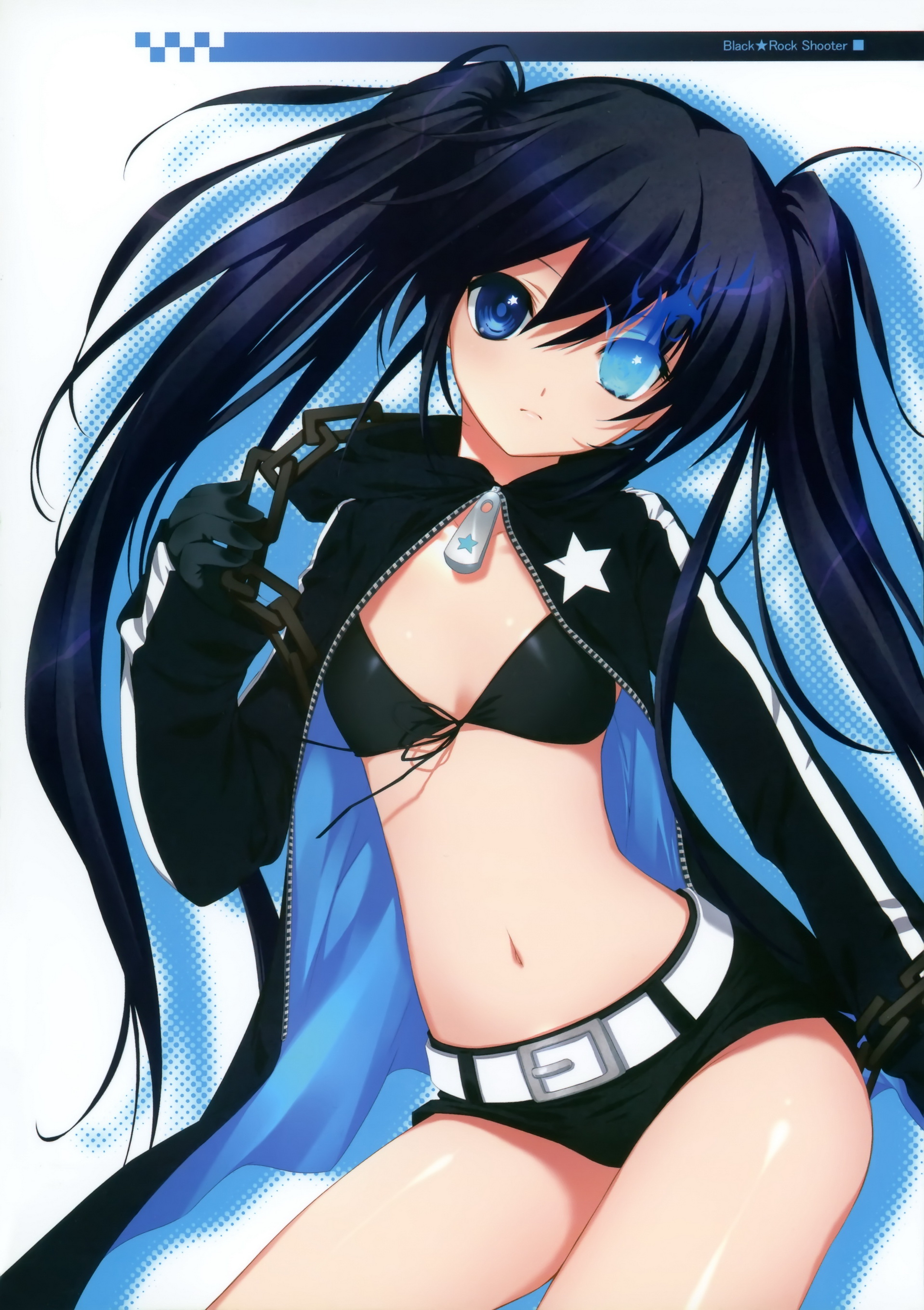 shirahane nao, black rock shooter (character), black rock shooter, dmyotic, absurdres, highres, 10s, 1girl, belt, bikini, bikini top only, blue eyes, blue hair, coat, female focus, gloves, long hair, matching hair/eyes, midriff, navel, shorts, solo, star (symbol), swimsuit, twintails, unzipped