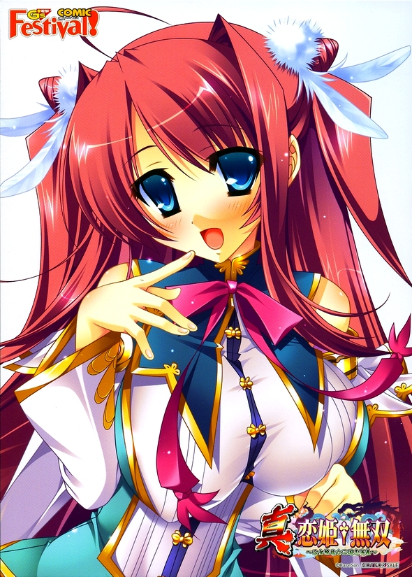 katagiri hinata, ryuubi (koihime musou), koihime musou, official art, 00s, 1girl, blue eyes, blush, cone hair bun, copyright name, feathers, female focus, hair bun, long hair, red hair, solo, very long hair, watermark