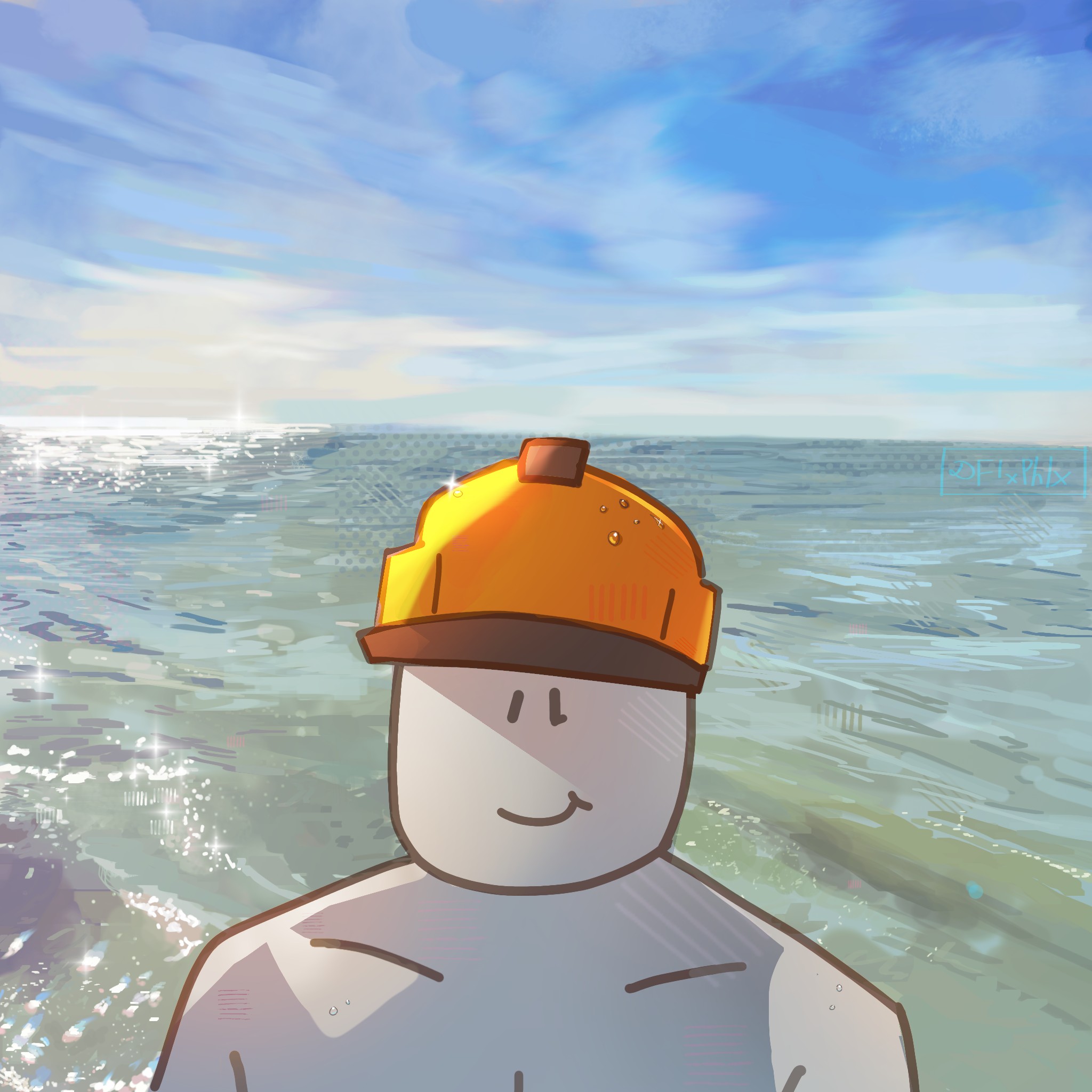 flxphlx, roblox, commentary, english commentary, highres, 1other, backlighting, builderman (roblox), cloud, cloudy sky, day, hat, horizon, looking at viewer, other focus, outdoors, pectorals, scenery, sky, smile, solo, topless male, upper body