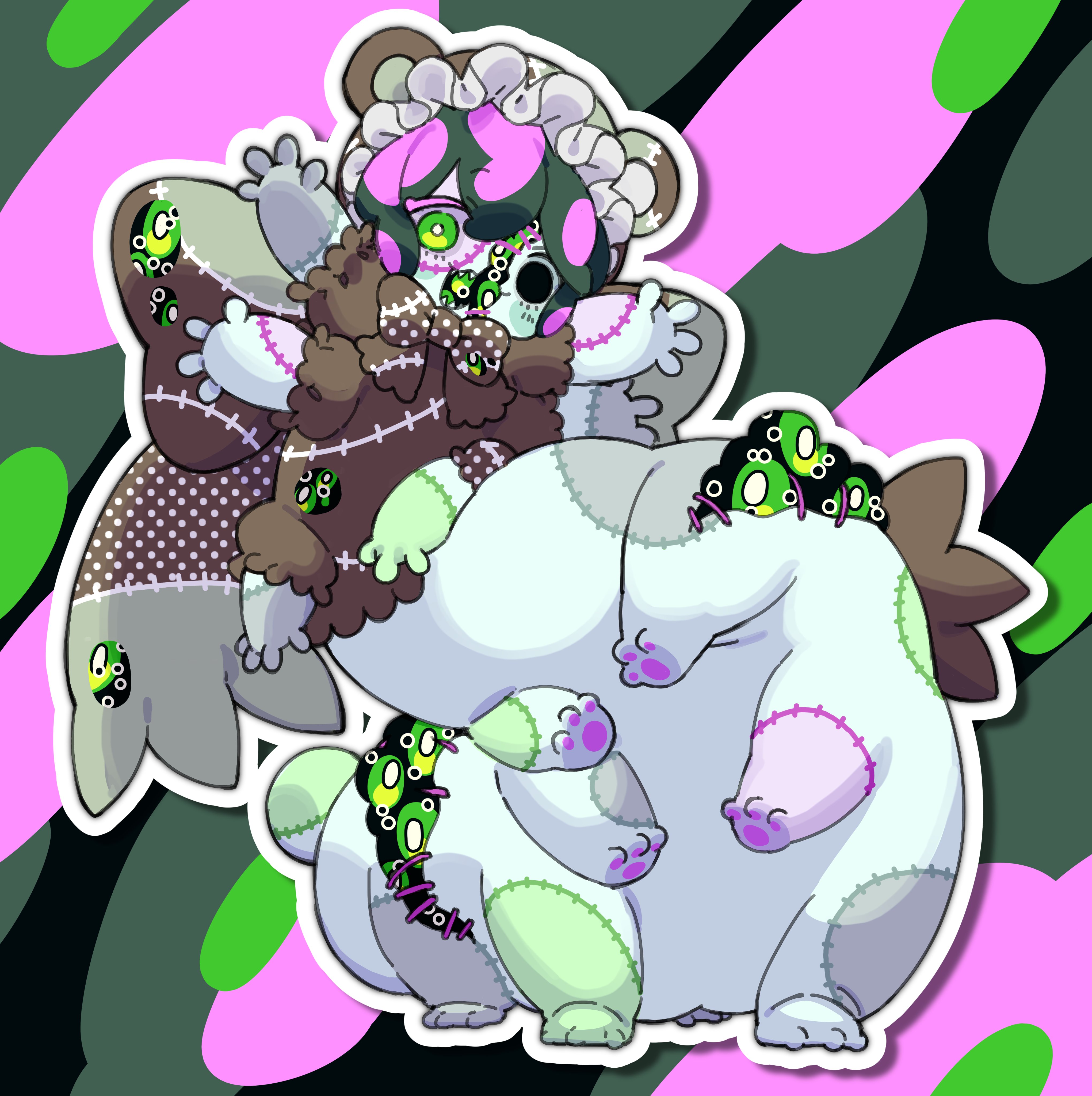 monsha moa, original, absurdres, commentary request, commission, highres, skeb commission, 1girl, animal ears, back bow, bear ears, black eyes, bonnet, borrowed character, bow, bowtie, brown bow, brown bowtie, colored eyelashes, colored tongue, extra arms, full body, green background, green eyes, green hair, green tongue, hat, heterochromia, large bow, looking at viewer, mob cap, monster girl, multicolored hair, multiple legs, outstretched arms, patchwork skin, pink hair, sharp teeth, short hair, solo, split head, spread arms, stuffing, tail, tardigrade, taur, teeth