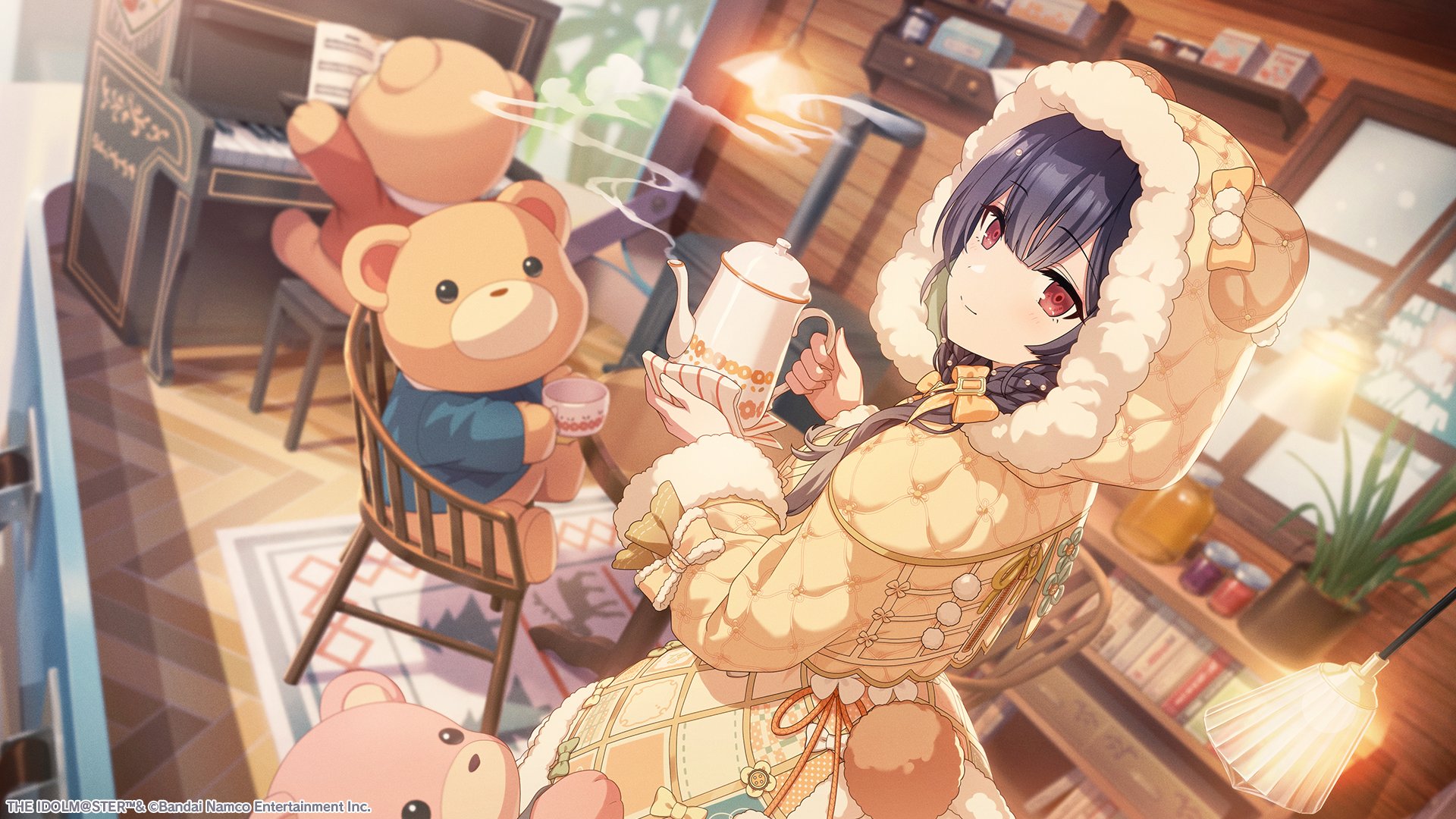 morino rinze, idolmaster, idolmaster shiny colors, idolmaster shiny colors song for prism, artist request, commentary request, highres, official art, 1girl, animal hood, bear hood, black hair, blurry, blurry background, cafe, dutch angle, hood, indoors, instrument, jacket, long hair, looking at viewer, looking back, low twintails, piano, red eyes, skirt, stuffed animal, stuffed toy, teapot, teddy bear, twintails, yellow jacket, yellow skirt