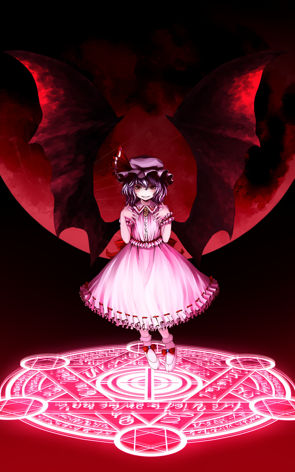 captain freedom, remilia scarlet, touhou, bad id, bad pixiv id, highres, 1girl, bat wings, female focus, full body, grin, hat, magic circle, moon, red eyes, red moon, short hair, smile, solo, vampire, wings