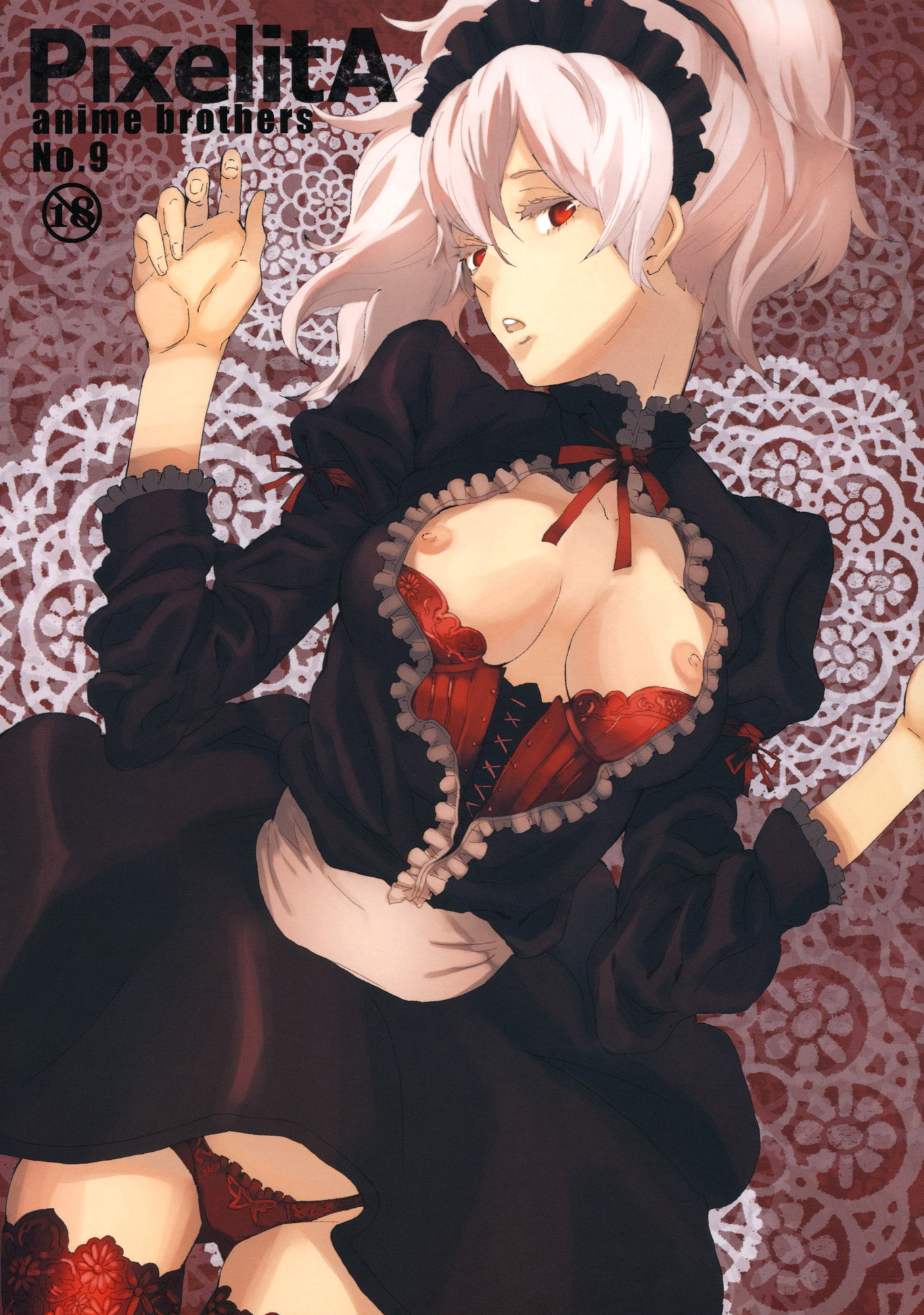 itsuki kousuke, european clothes, highres, 1girl, breasts, corset, cover, dress, female focus, frills, gothic lolita, lolita fashion, lying, maid, maid headdress, open clothes, open shirt, panties, red eyes, red panties, red thighhighs, shirt, solo, thighhighs, underwear, white hair, zettai ryouiki