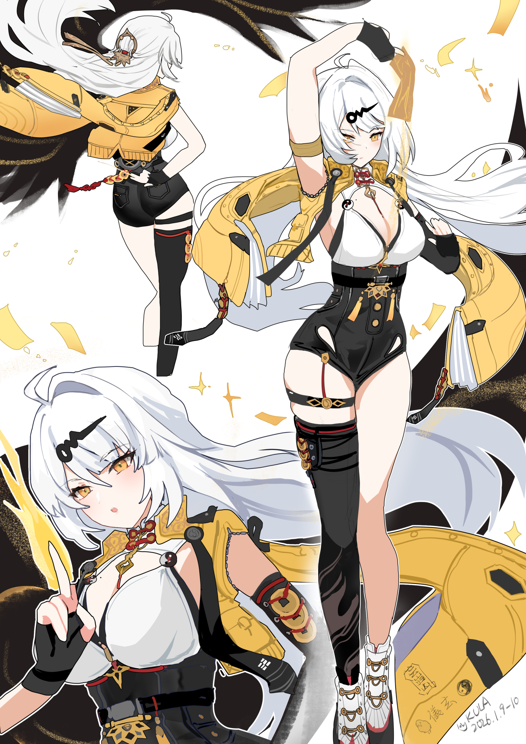 kkkula (kula), yixuan (zenless zone zero), zenless zone zero, absurdres, commentary request, highres, 1girl, ahoge, arm strap, arm up, armpit peek, ass, between fingers, black gloves, black leotard, black thighhighs, breasts, cleavage, cropped jacket, elbow gloves, fingerless gloves, from behind, gloves, hair ornament, hairclip, holding, jacket, large breasts, leotard, long hair, mole, mole on breast, multiple views, open clothes, open jacket, open mouth, shirt, simple background, single elbow glove, single thighhigh, skindentation, sleeveless, sleeveless shirt, thigh strap, thighhighs, thighs, very long hair, white background, white hair, white shirt, yellow eyes, yellow jacket