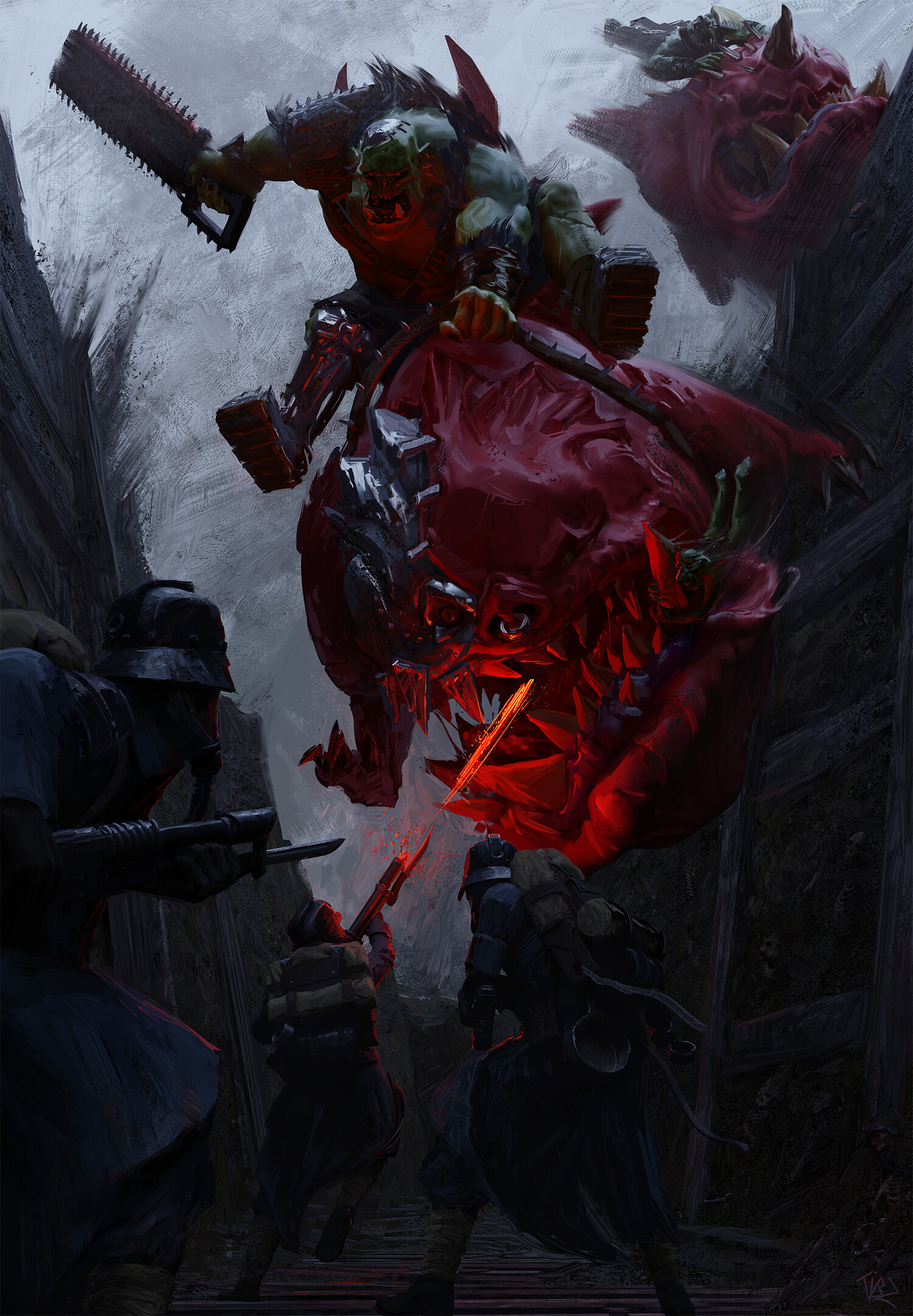 plank, tibz-ollier, astra militarum, death korps of krieg, warhammer 40k, commentary, english commentary, highres, 5boys, alien, backpack, bag, bayonet, coat, combat helmet, energy gun, gas mask, helmet, horseback riding, lasgun, mask, multiple boys, orc, ork (warhammer), riding, sharp teeth, stahlhelm, teeth, trench, trench coat, weapon