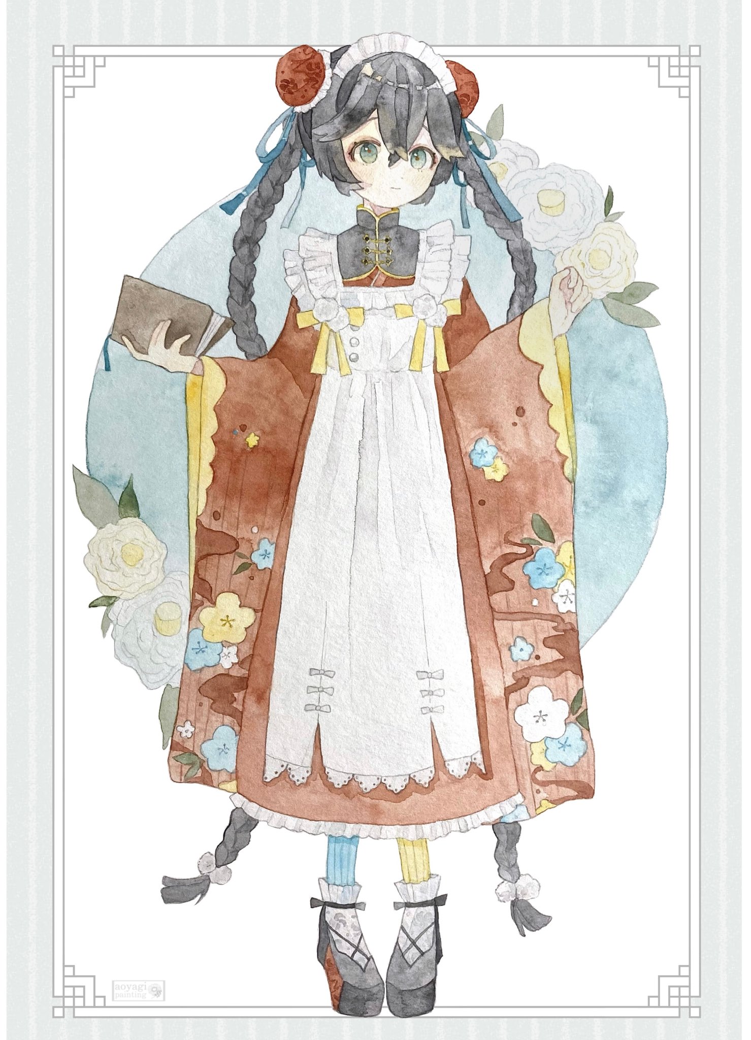 aoyagi874, original, commentary, highres, painting (medium), traditional media, watercolor (medium), 1girl, apron, artist name, black hair, black shoes, blue ribbon, book, bow, braid, buttons, double bun, dress, floral background, floral print, flower, frilled apron, frills, full body, green eyes, hair bun, hair ribbon, holding, holding book, long dress, long hair, long sleeves, looking at viewer, maid headdress, mandarin collar, mismatched socks, parted bangs, platform shoes, plum blossom print, ribbon, rose, shoes, simple background, socks, solo, standing, straight-on, striped clothes, striped socks, twin braids, very long hair, watermark, white background, white flower, white rose, wide sleeves, yellow ribbon