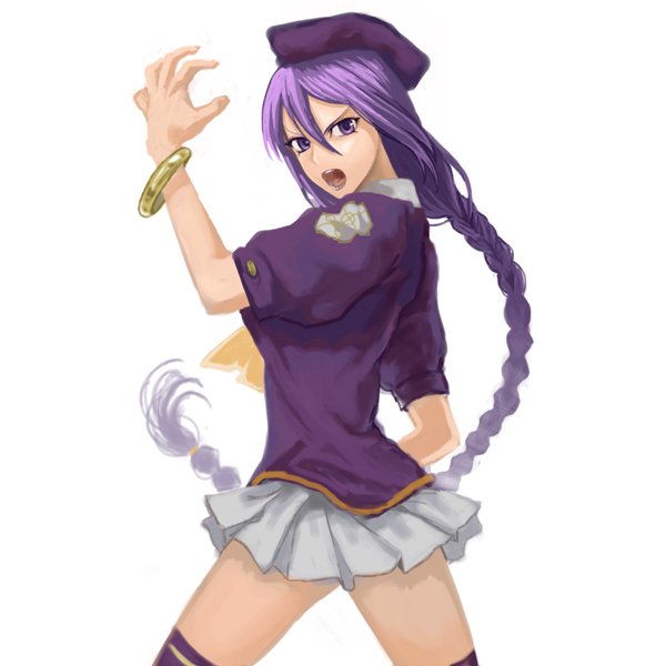 kuroi nyan, sion eltnam (type-moon), sion eltnam atlasia, melty blood, tsukihime, type-moon, 00s, 1girl, beret, bracelet, braid, female focus, hat, jewelry, long hair, open mouth, purple eyes, purple hair, simple background, skirt, solo, thighhighs, very long hair, white background