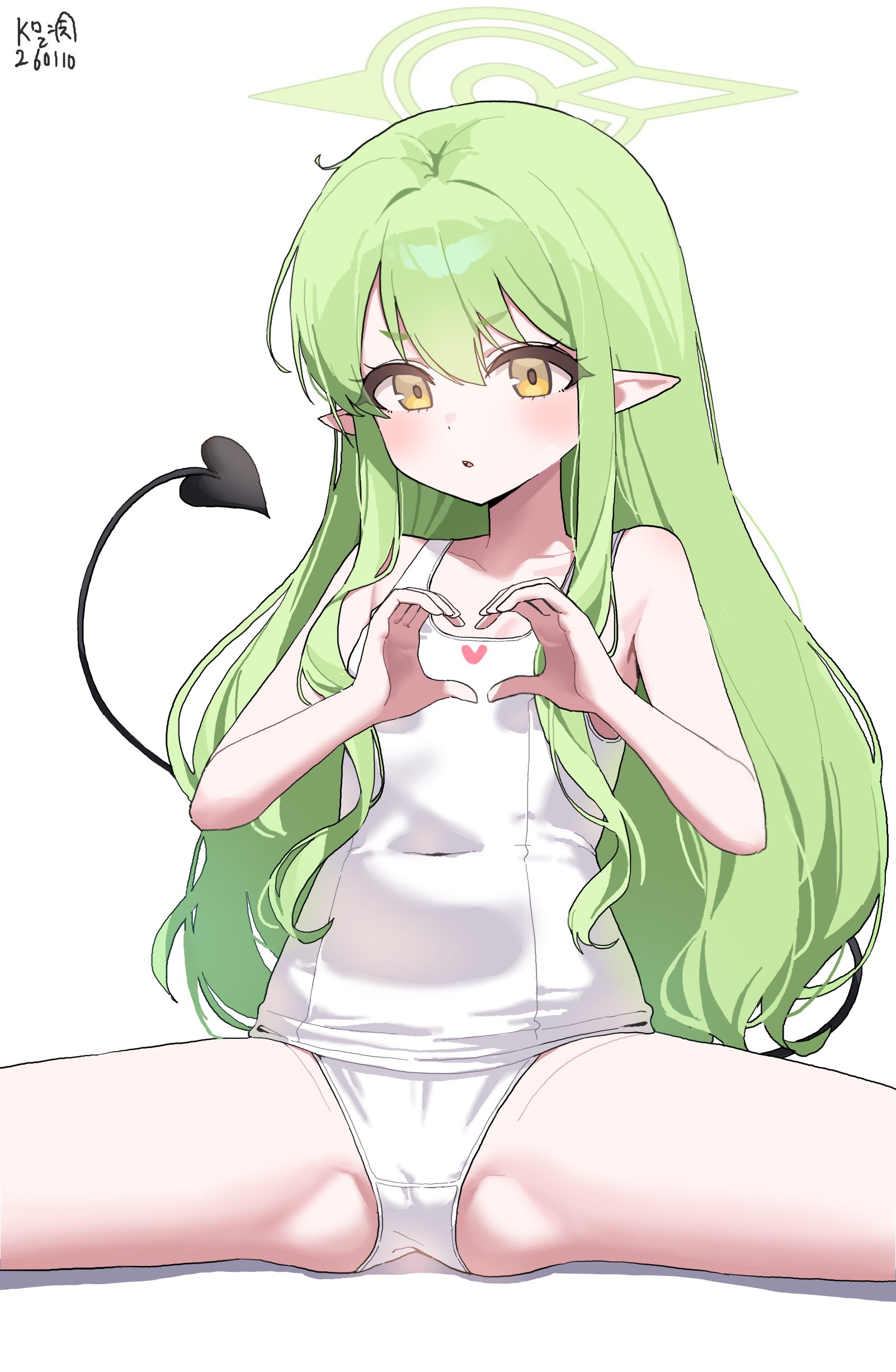 myeolchi, hikari (blue archive), blue archive, absurdres, commentary, highres, 1girl, clothing cutout, furrowed brow, gluteal fold, green hair, hair between eyes, halo, heart, heart hands, heart tail, long hair, looking at viewer, navel cutout, one-piece swimsuit, panties, parted lips, partially visible vulva, pointy ears, signature, simple background, sitting, solo, spread legs, swimsuit, tail, thighs, underwear, white background, yellow eyes