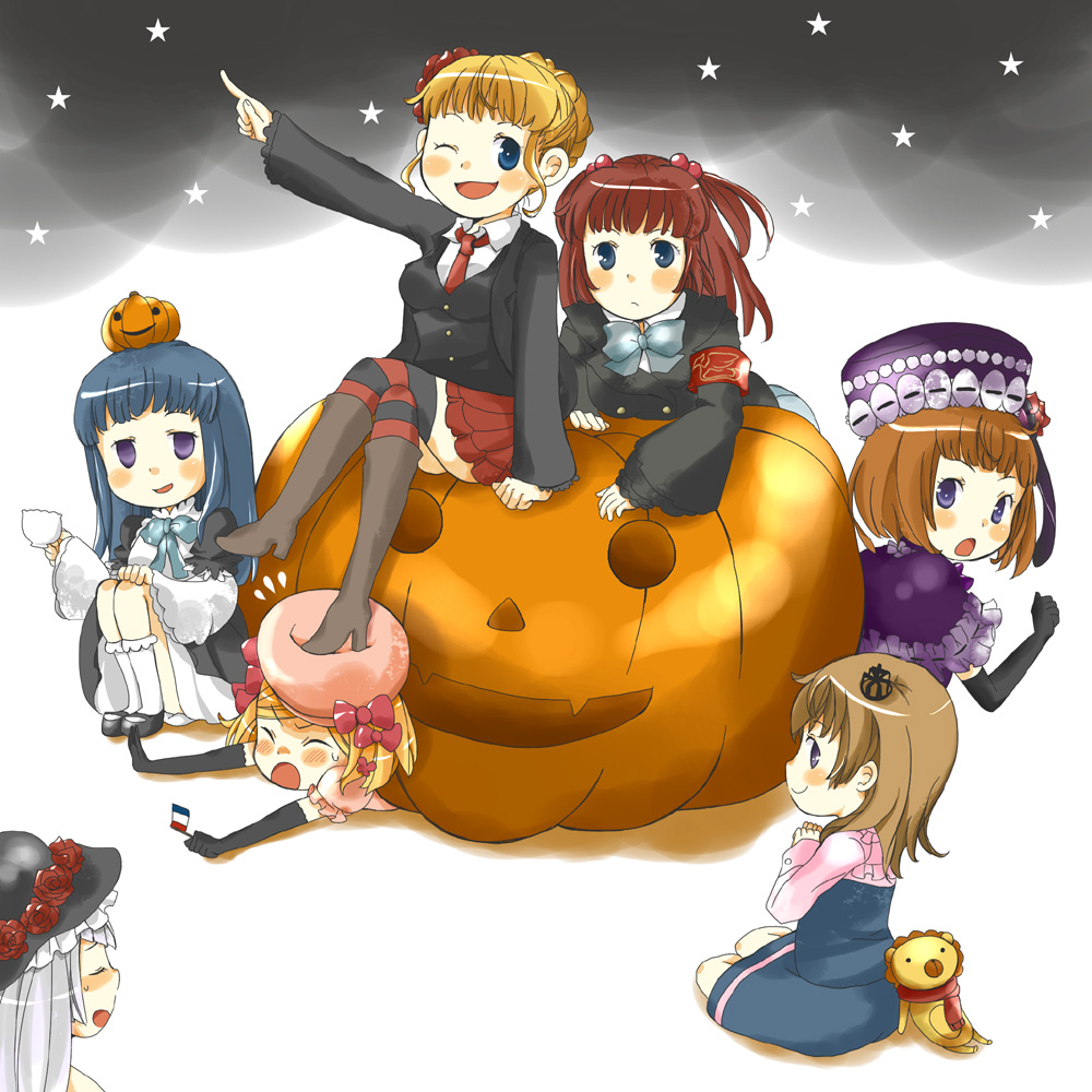 kyoro, beatrice (umineko), eva beatrice, frederica bernkastel, lambdadelta, sakutarou (umineko), ushiromiya ange, ushiromiya maria, ushiromiya rosa, virgilia (umineko), umineko no naku koro ni, bad id, bad pixiv id, 00s, 6+girls, boots, hat, jack-o'-lantern, multiple girls, pink hat, pumpkin, thighhighs, zettai ryouiki
