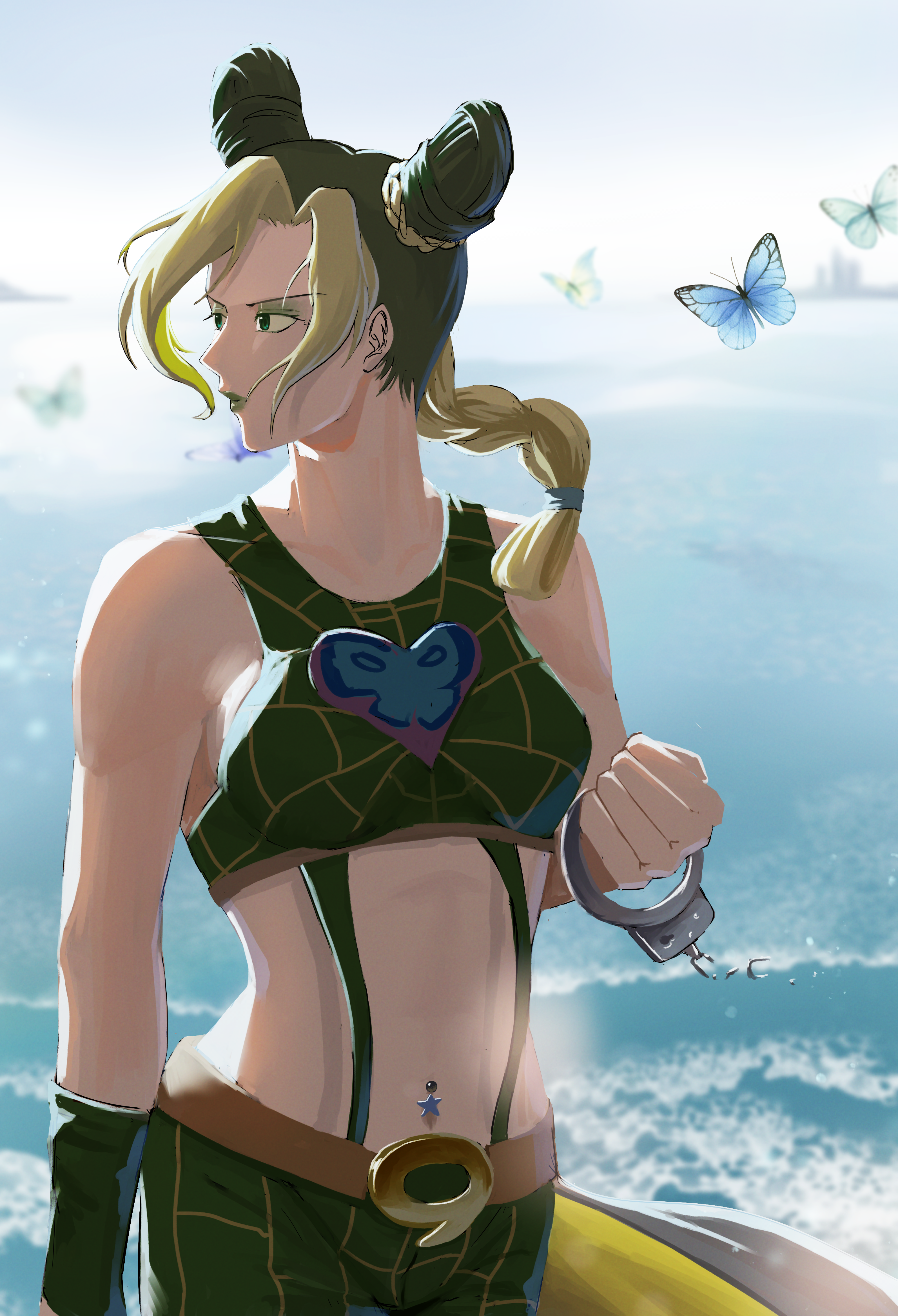 magurosamm, kuujou jolyne, jojo no kimyou na bouken, stone ocean, absurdres, commentary request, highres, 1girl, belt, blue butterfly, breasts, bug, butterfly, closed mouth, cone hair bun, cowboy shot, cuffs, double bun, green pants, green shirt, hair bun, insect, looking to the side, midriff, navel piercing, ocean, pants, piercing, shackles, shirt, sideboob, solo