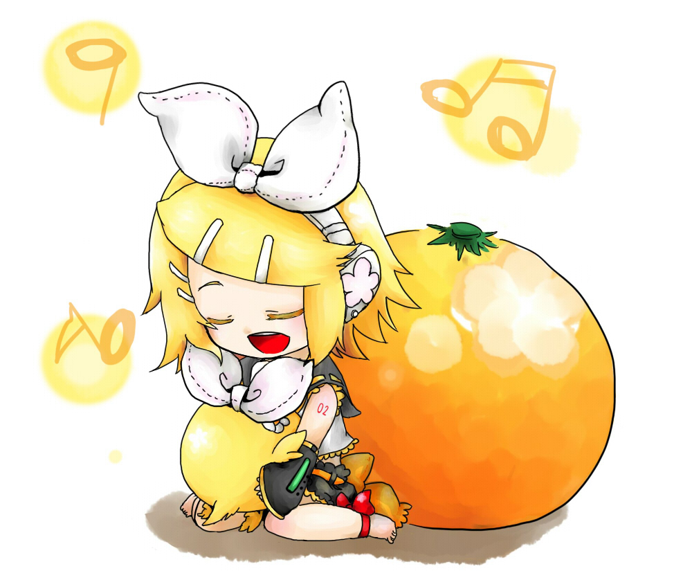 spea, kagamine rin, soratobazu (vocaloid), vocaloid, bird, blonde hair, chibi, closed eyes, food, fruit, hair ornament, hair ribbon, hairclip, musical note, orange (fruit), ribbon, short hair, sitting, smile, solo