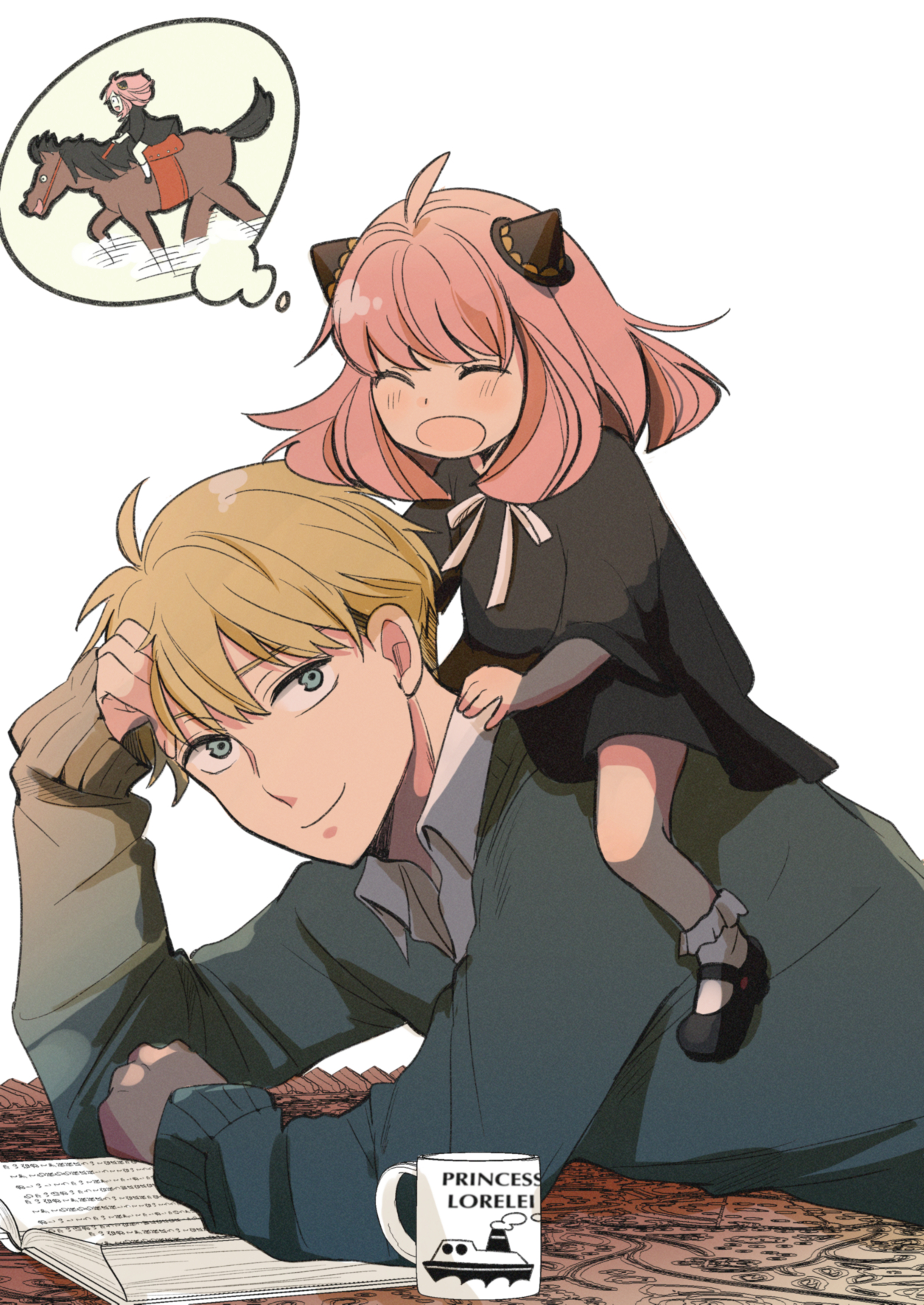alex (sandora), anya (spy x family), twilight (spy x family), spy x family, commentary request, highres, 1boy, 1girl, ^ ^, antenna hair, arm rest, black dress, blonde hair, blue eyes, book, carrying, closed eyes, closed mouth, coffee mug, collared shirt, cup, dress, elbow rest, family bonding, green sweater, hair ornament, imagining, long sleeves, medium hair, mug, neck ribbon, open book, open mouth, piggyback, pink hair, ribbon, shirt, short hair, simple background, smile, speech bubble, sweater, thought bubble, very short hair, white background