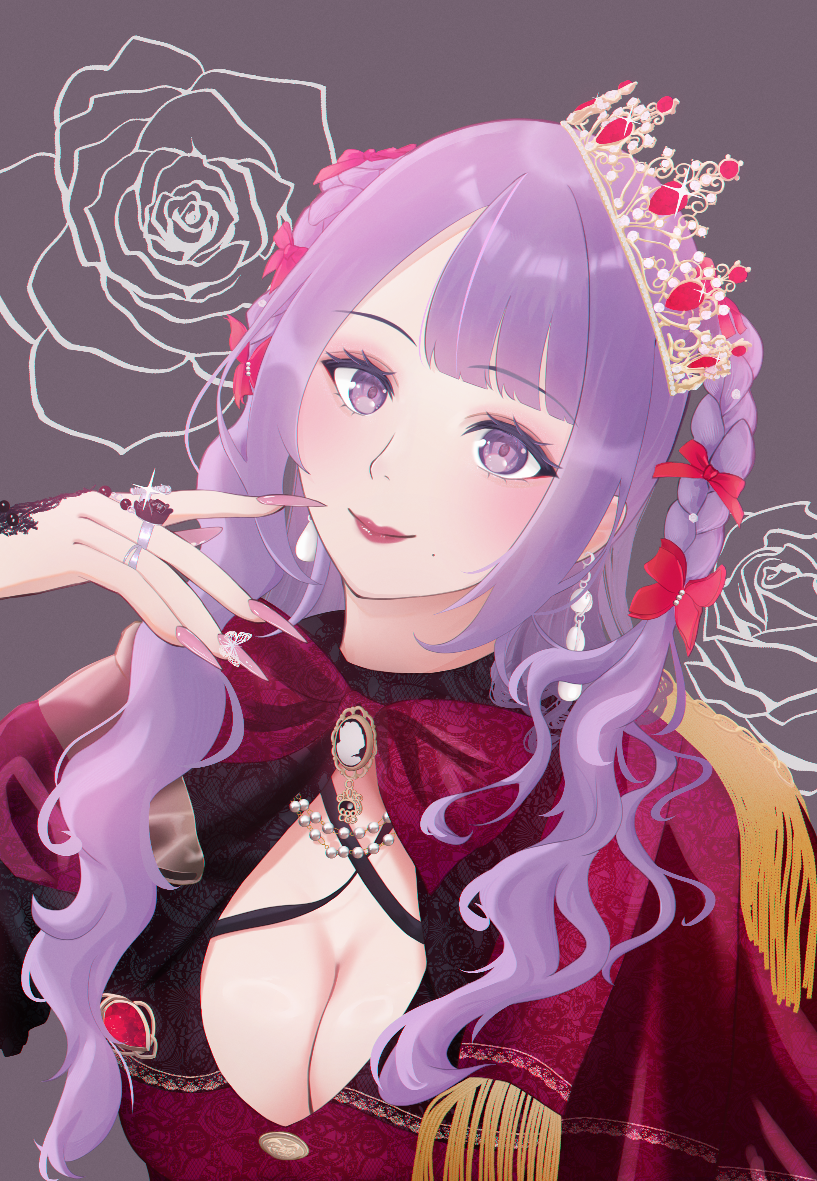 amerainu, 1girl, acrylic nails, bow, bowtie, braid, breasts, cleavage, crown, earrings, jewelry, large breasts, lipstick, long hair, makeup, necklace, pearl necklace, pink nails, purple eyes, purple hair, raito (cosplayer), ring, smile, solo