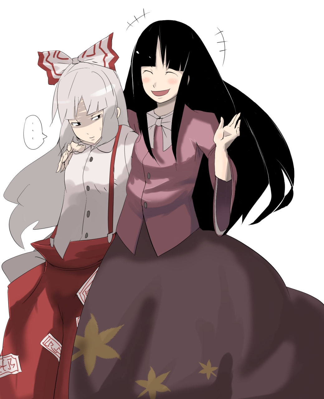 shikabane (abysses), fujiwara no mokou, houraisan kaguya, touhou, silver hair, highres, 2girls, annoyed, black hair, blush, bow, closed eyes, dress, female focus, hair bow, hair ribbon, happy, leaf, long hair, multiple girls, open mouth, ribbon, simple background, suspenders, sweatdrop, wide sleeves