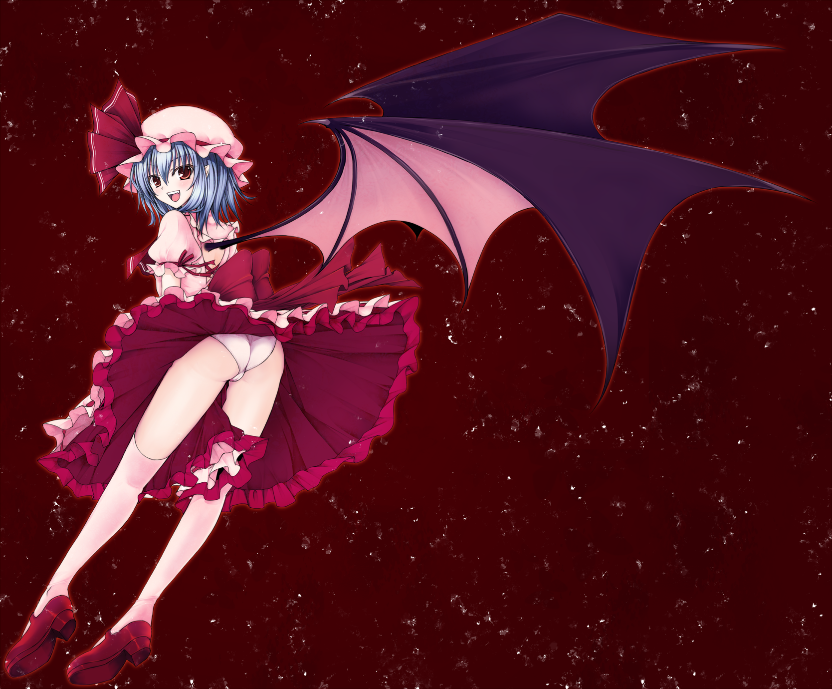 utakata (kochou no yume), remilia scarlet, touhou, highres, 1girl, ass, bat wings, blue hair, dress, fangs, female focus, legs, looking at viewer, looking back, mary janes, open mouth, panties, pantyshot, pointy ears, shoes, skirt, skirt flip, smile, solo, thighhighs, underwear, upskirt, wings