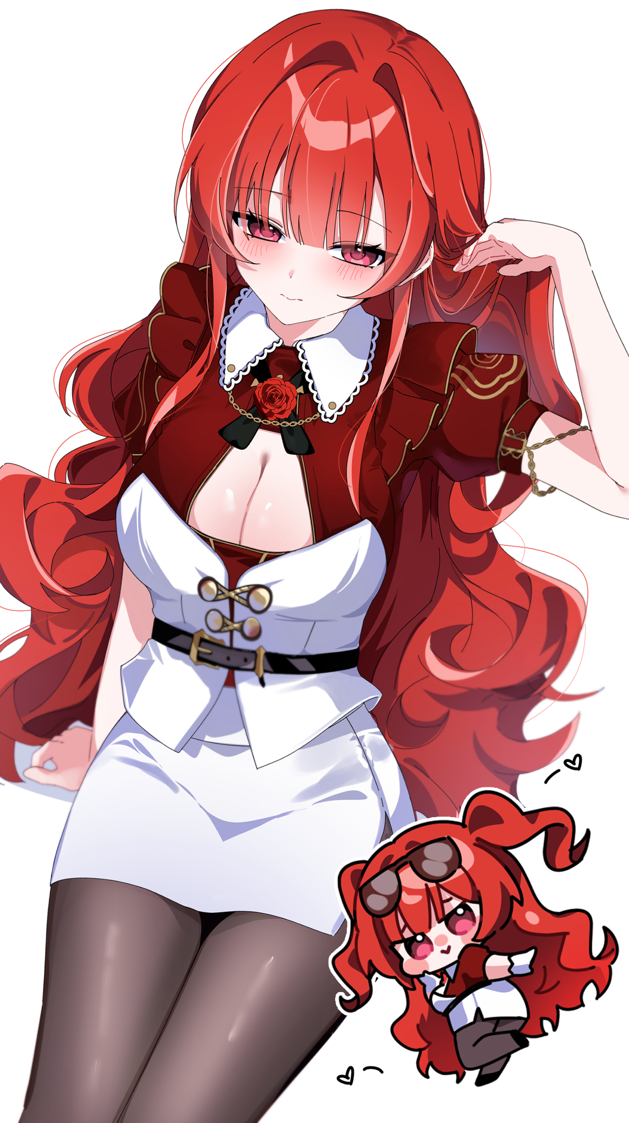 chaum, indie virtual youtuber, commentary, highres, symbol-only commentary, 1girl, belt, black belt, blair rose, blush, breasts, cleavage, closed mouth, eyewear on head, flower, long hair, pantyhose, pink eyes, red flower, red hair, red rose, rose, skirt, solo, virtual youtuber, white skirt