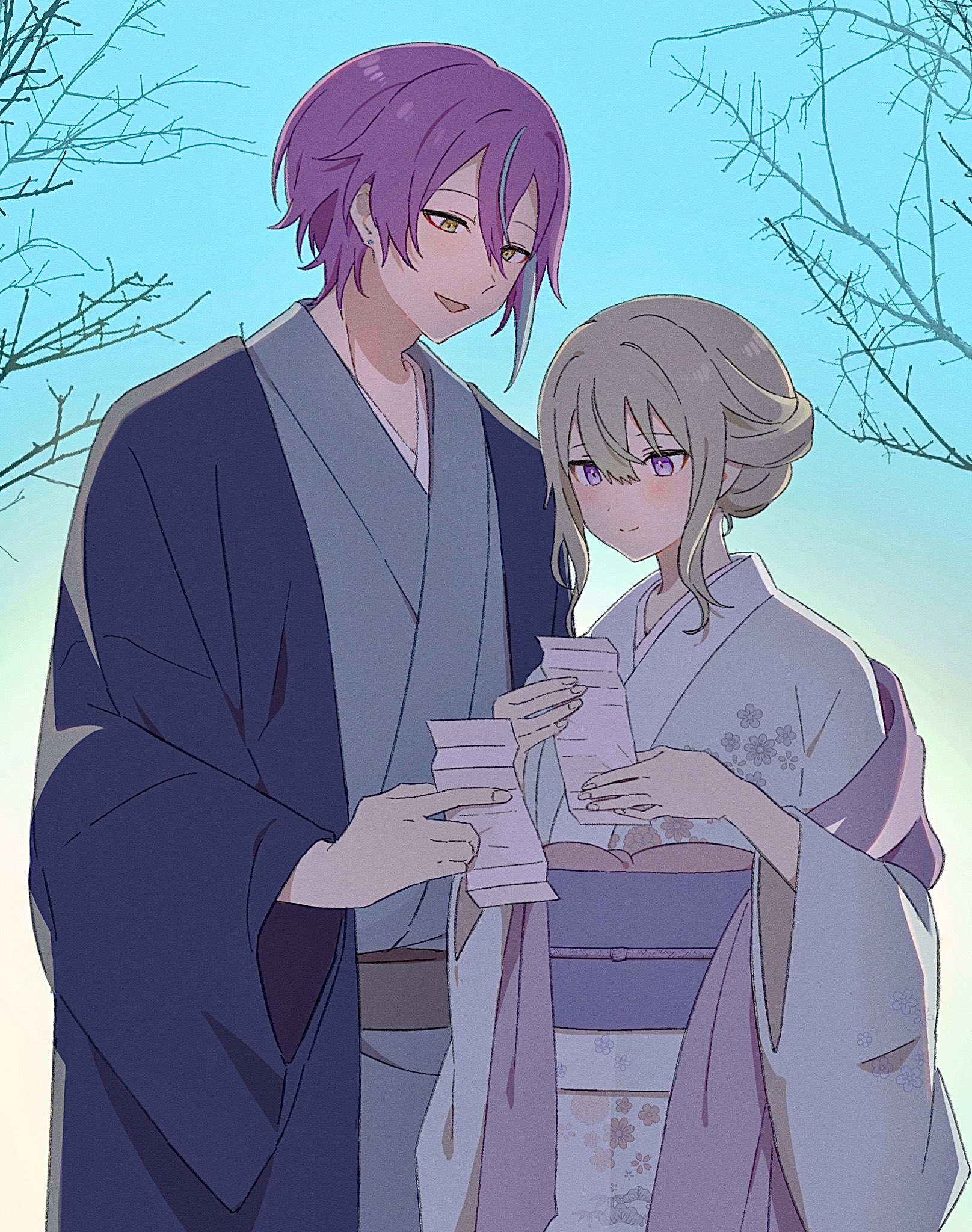 n ps 7, kamishiro rui, kusanagi nene, project sekai, commentary, highres, 1boy, 1girl, alternate costume, blue hair, closed mouth, double-parted bangs, earrings, fingernails, floral print, green hair, hair between eyes, hair up, holding, holding paper, japanese clothes, jewelry, kimono, long sleeves, multicolored hair, open mouth, outdoors, paper, purple hair, short hair, sidelocks, smile, streaked hair, stud earrings, two-tone hair